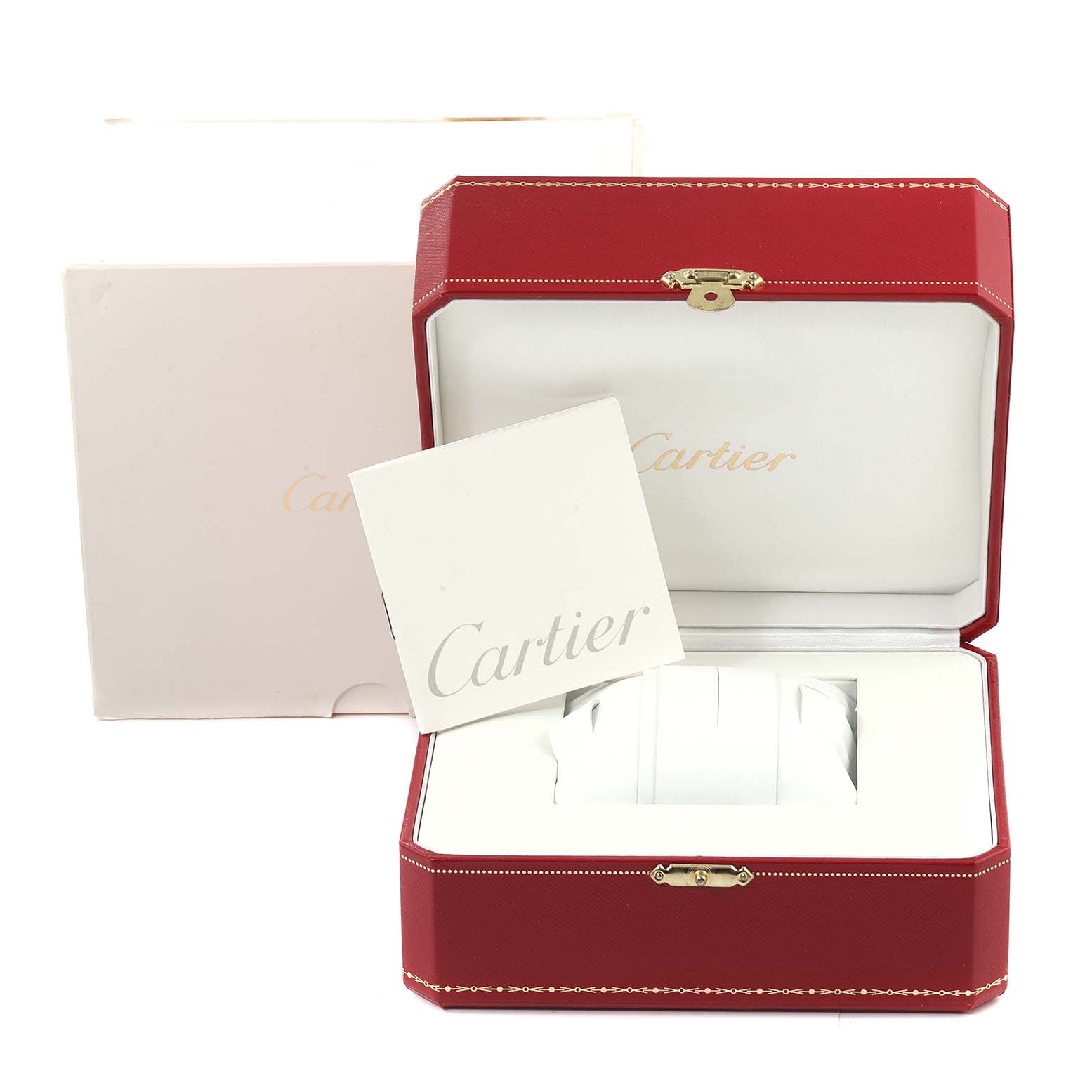 The image shows the packaging box and accessories of a Cartier Tank Americaine W2601156 Men's Yellow Gold Silver Dial W2601156 Men's Yellow Gold Silver Dial watch, including the red presentation box and booklet.