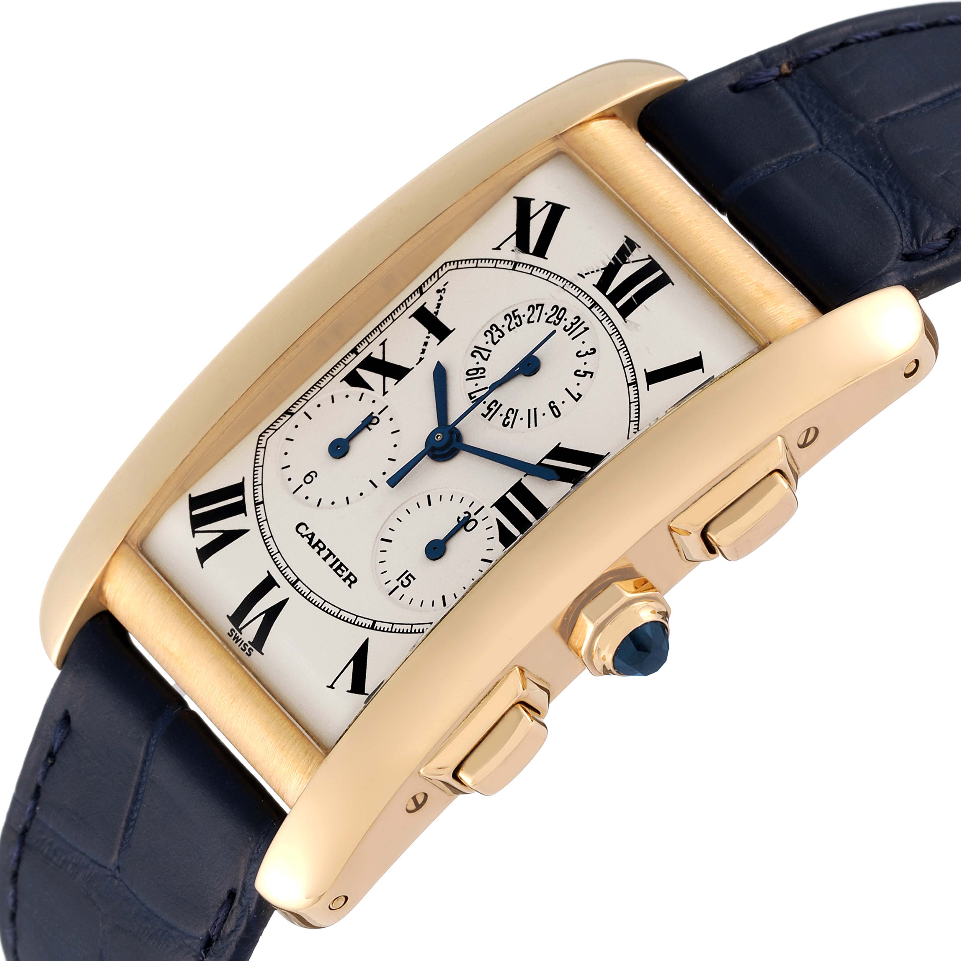 This image shows a Cartier Tank Americaine W2601156 Men's Yellow Gold Silver Dial W2601156 Men's Yellow Gold Silver Dial watch at an angled view, displaying its face, crown, and two side buttons with a leather strap.