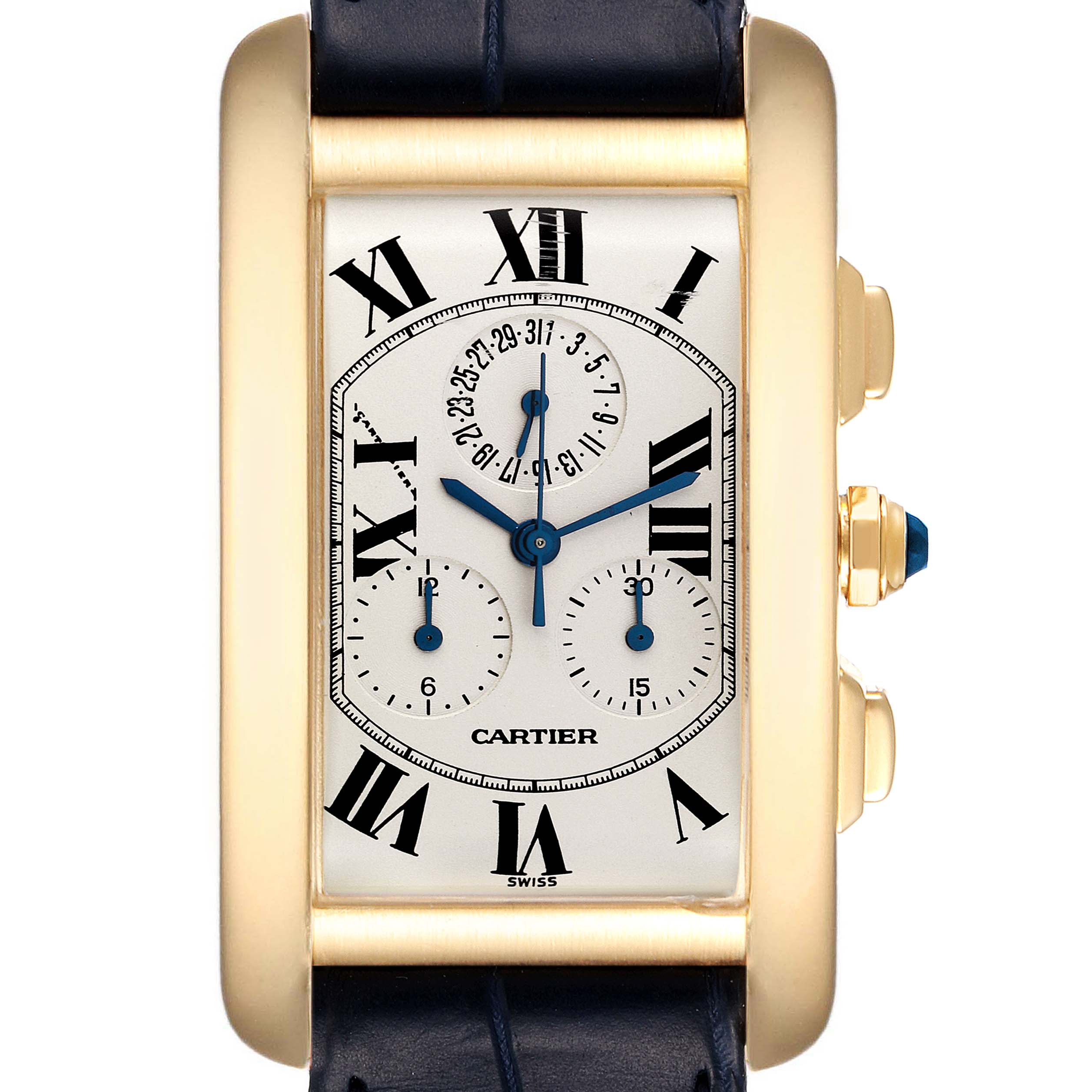 The Cartier Tank Americaine W2601156 Men's Yellow Gold Silver Dial W2601156 Men's Yellow Gold Silver Dial watch is shown from a front angle, featuring its face, dials, and side buttons.