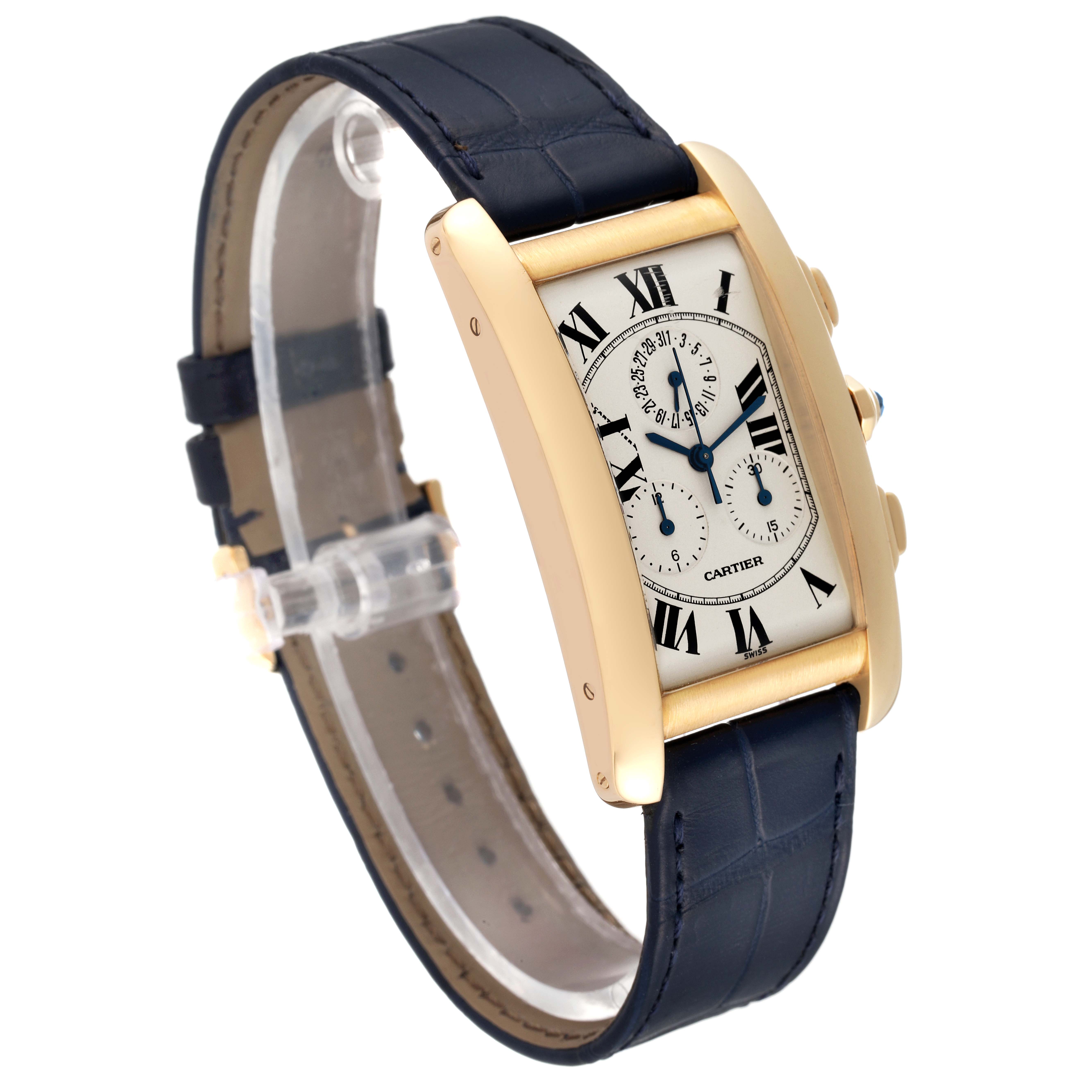 The image shows the face and side profile of a Cartier Tank Americaine W2601156 Men's Yellow Gold Silver Dial W2601156 Men's Yellow Gold Silver Dial watch with a leather strap and gold case.