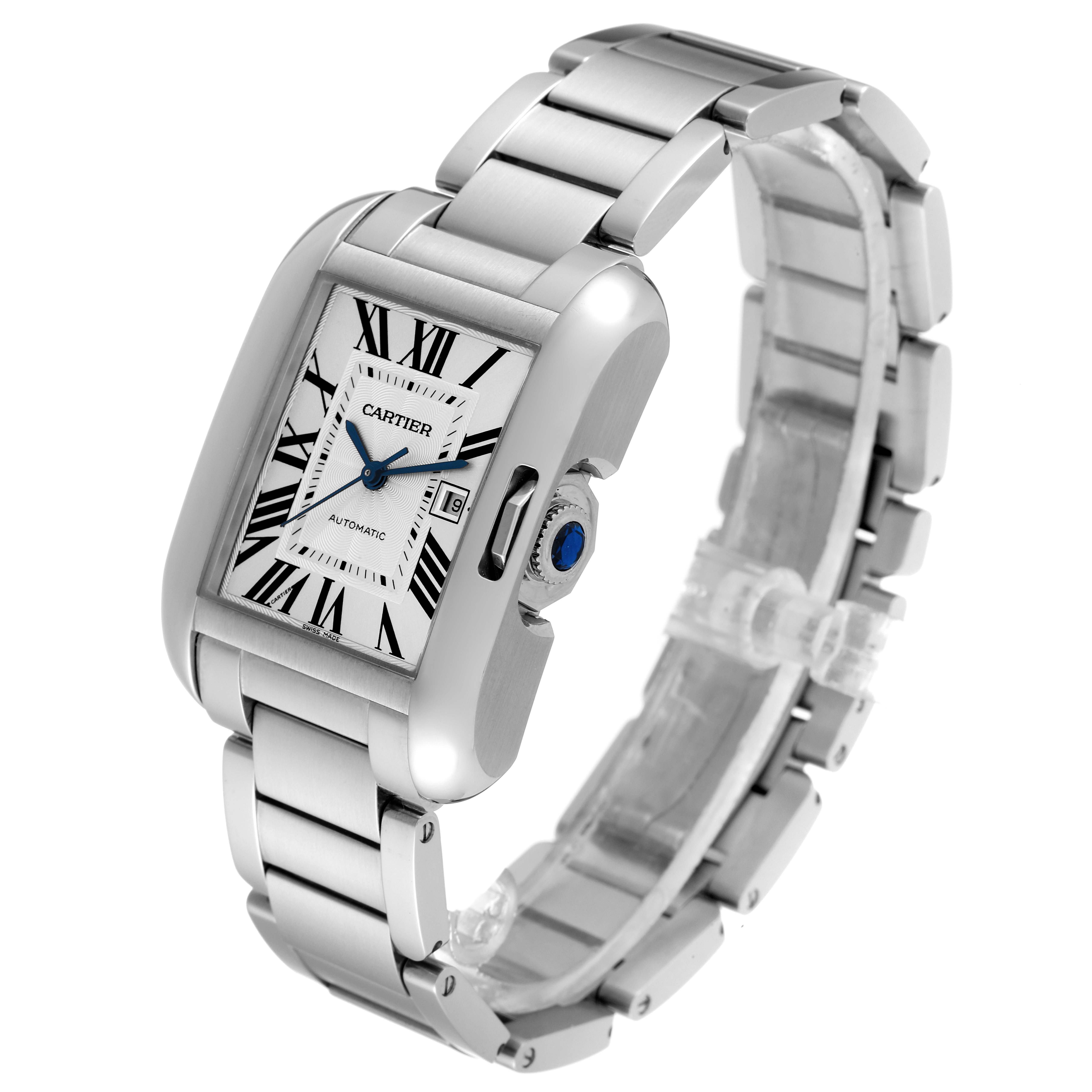 The image shows a Cartier Tank Anglaise W5310009 Men
s Stainless Steel Silver Dial W5310009 Men
s Stainless Steel Silver Dial watch at a three-quarter angle, highlighting the face, bezel, and bracelet.