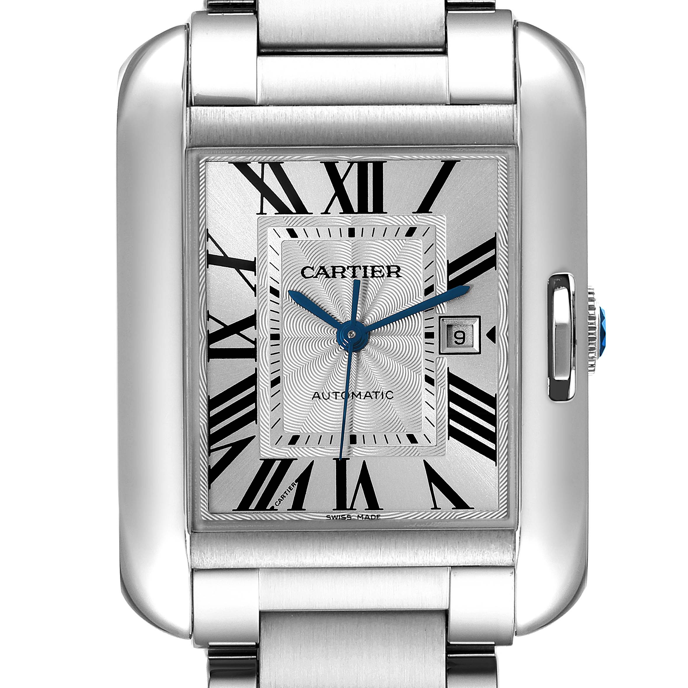 The image shows a close-up of the face of a Cartier Tank Anglaise W5310009 Men
s Stainless Steel Silver Dial W5310009 Men
s Stainless Steel Silver Dial watch, highlighting its rectangular case, Roman numerals, and date feature.