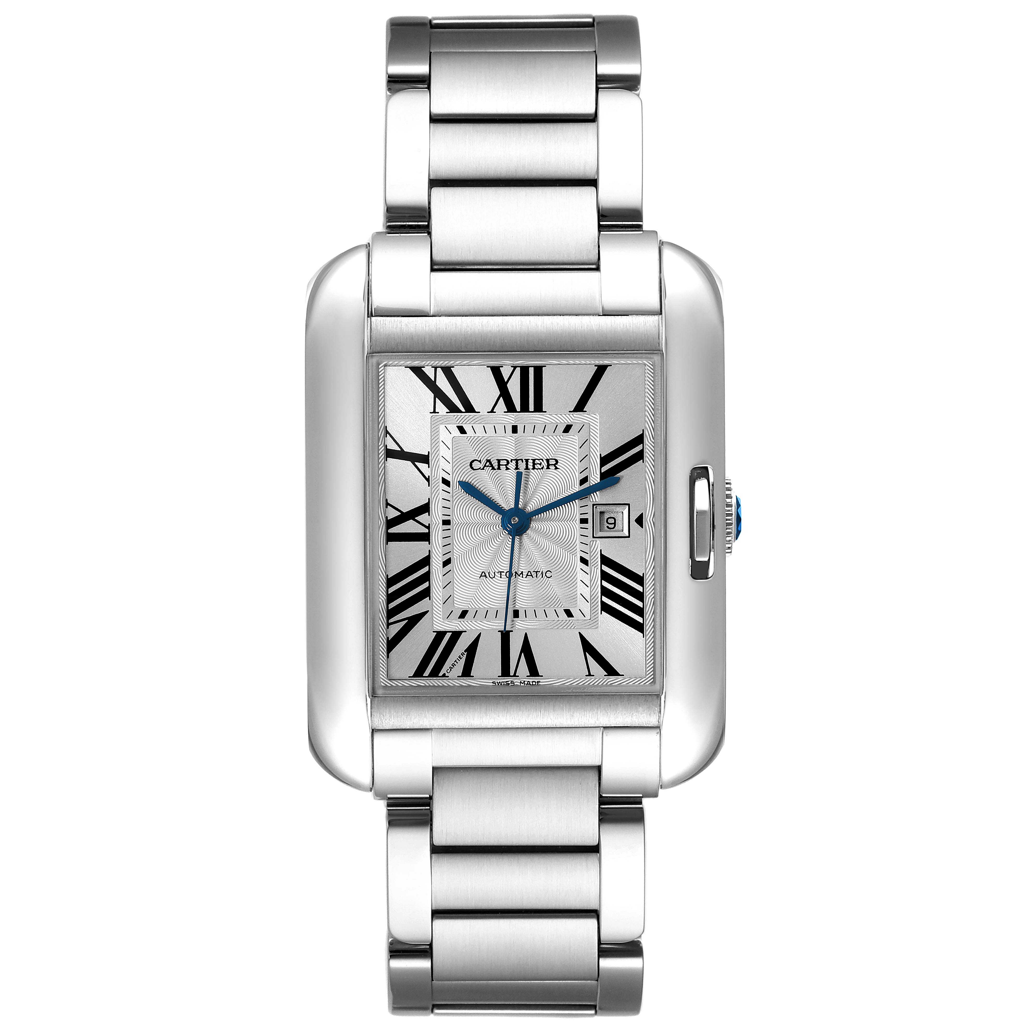 This is a frontal view of the Cartier Tank Anglaise W5310009 Men
s Stainless Steel Silver Dial W5310009 Men
s Stainless Steel Silver Dial watch, showing the face, bracelet, and crown.