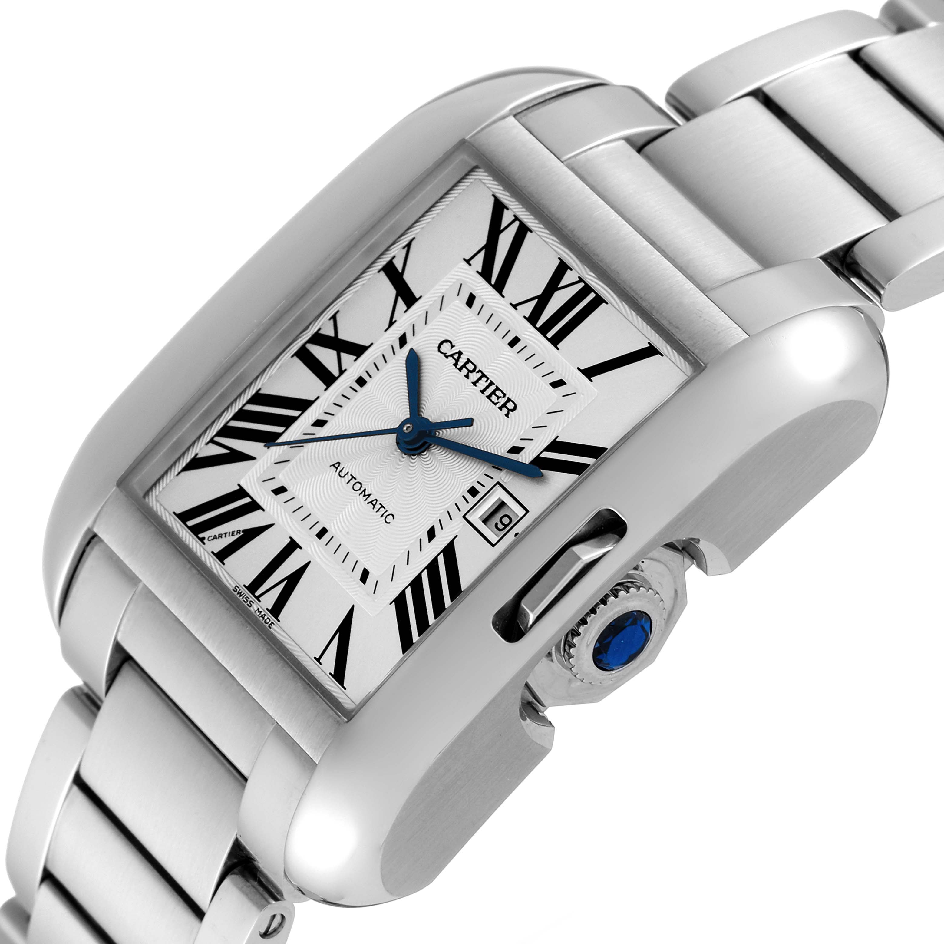This image shows a close-up angled view of a Cartier Tank Anglaise W5310009 Men
s Stainless Steel Silver Dial W5310009 Men
s Stainless Steel Silver Dial watch, highlighting its face, crown, and bracelet.