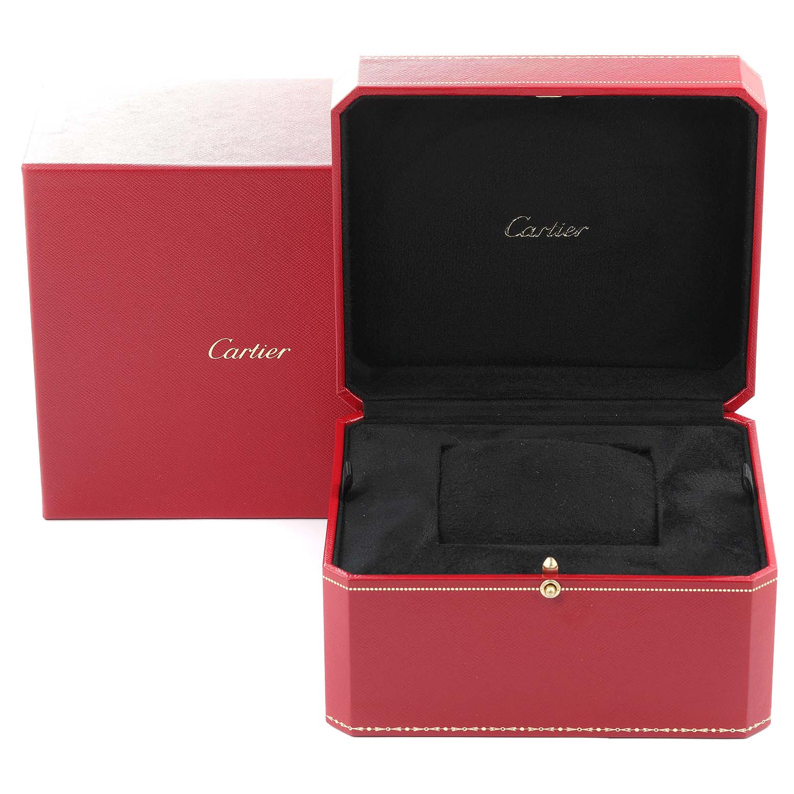 The image shows the open and closed red presentation box of a Cartier Tank Anglaise W5310009 Men
s Stainless Steel Silver Dial W5310009 Men
s Stainless Steel Silver Dial watch.