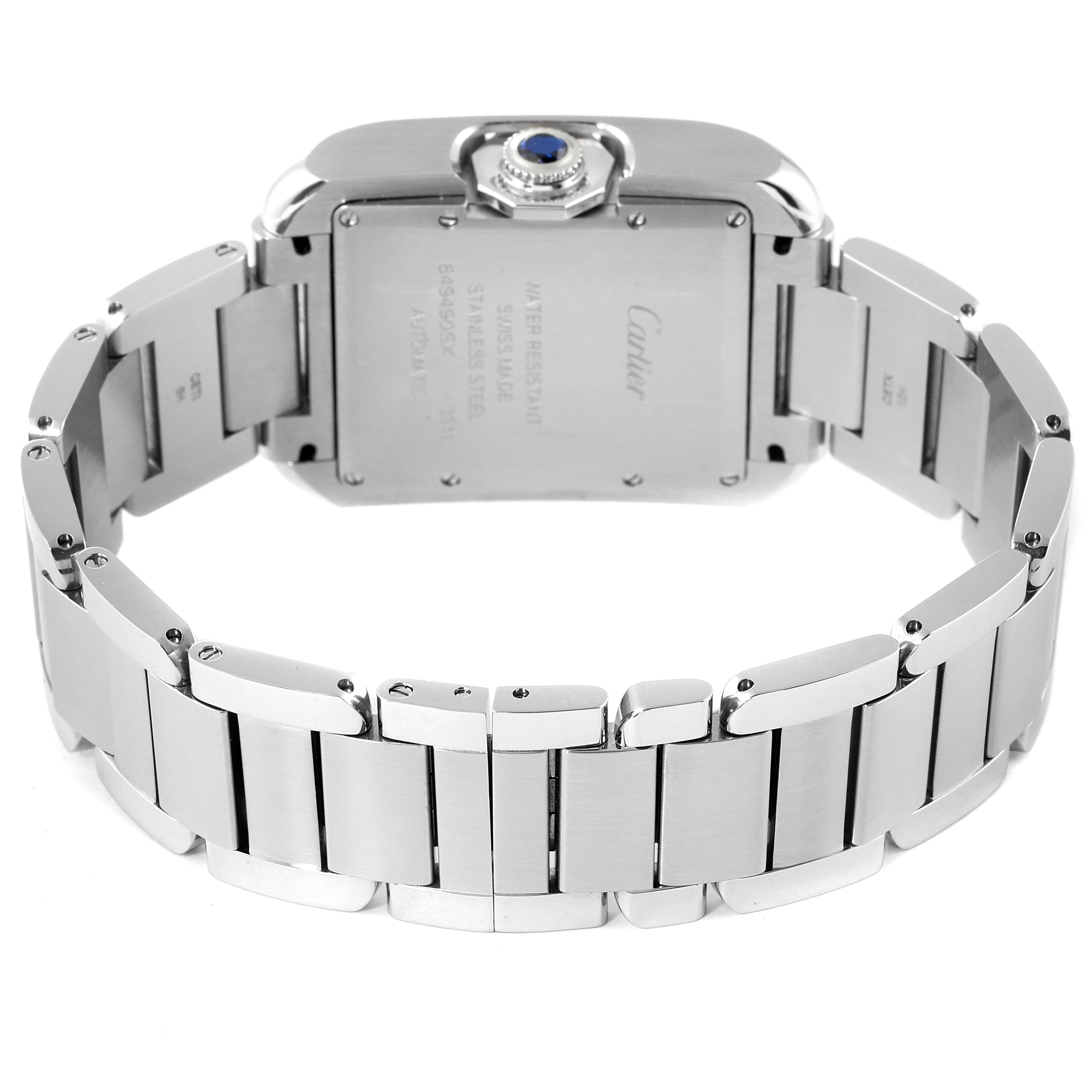 This image shows the back view of a Cartier Tank Anglaise W5310009 Men
s Stainless Steel Silver Dial W5310009 Men
s Stainless Steel Silver Dial model watch, highlighting its stainless steel bracelet and case back.