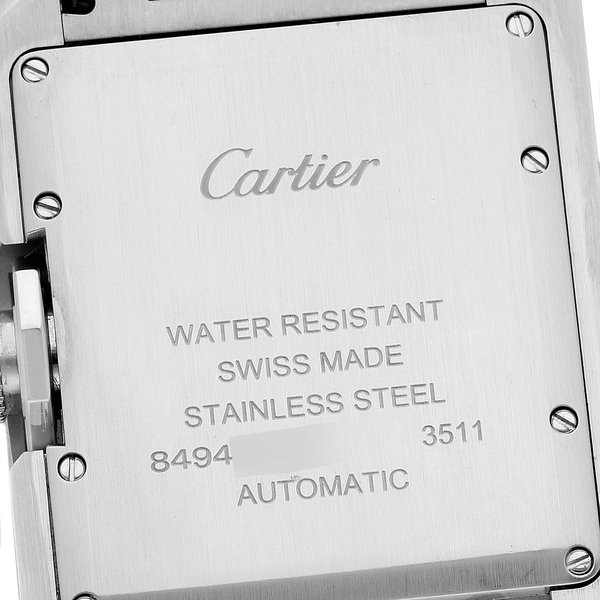 This image shows the back case of a Cartier Tank Anglaise W5310009 Men
s Stainless Steel Silver Dial W5310009 Men
s Stainless Steel Silver Dial watch, displaying specifications like water resistance and material.