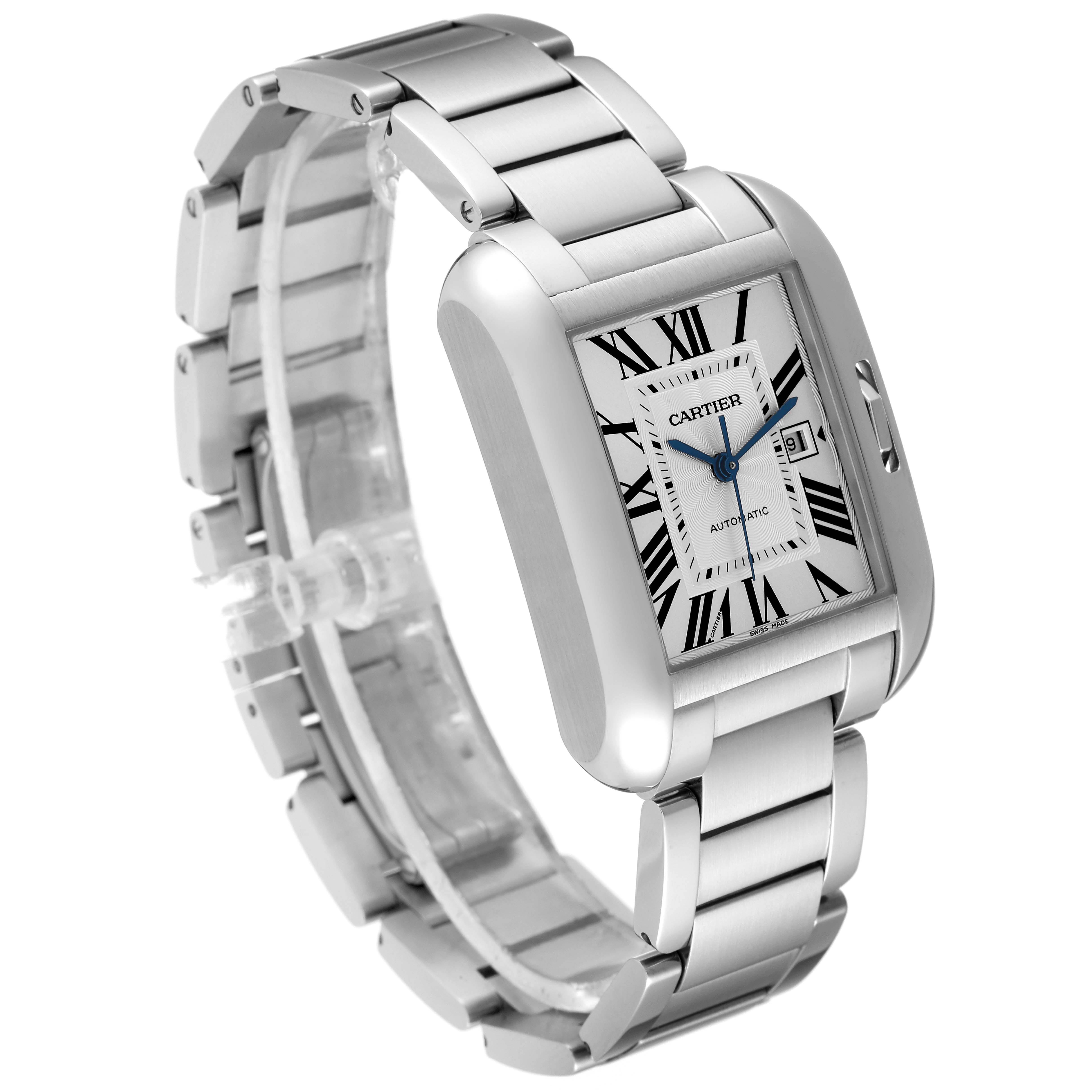 The image shows a Cartier Tank Anglaise W5310009 Men
s Stainless Steel Silver Dial W5310009 Men
s Stainless Steel Silver Dial watch at a three-quarter angle, highlighting its face, bezel, and metal bracelet.
