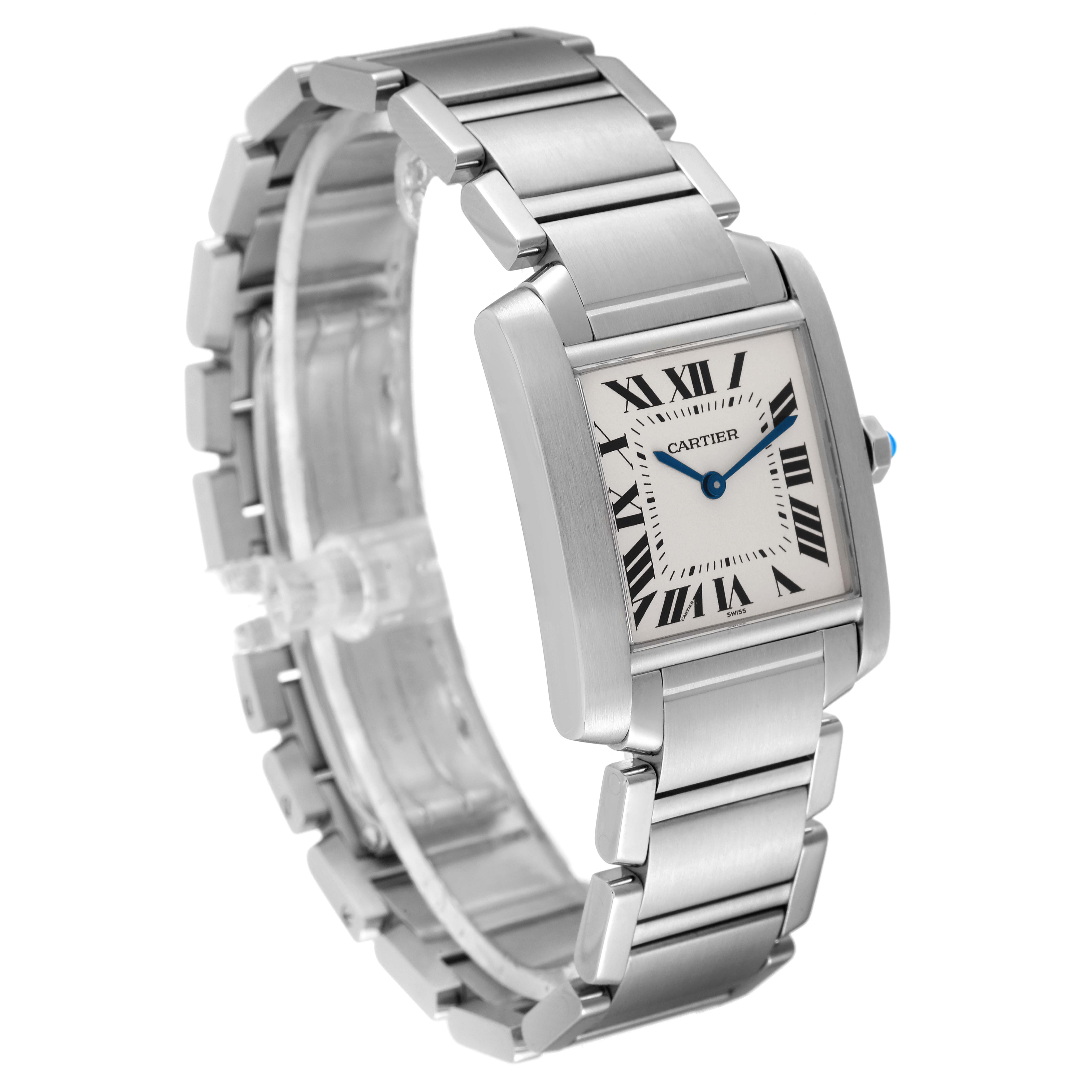 The image shows a Cartier Tank Francaise W51003Q3 Women's Stainless Steel Silver Dial W51003Q3 Women's Stainless Steel Silver Dial watch at an angle displaying the face, strap, and side crown.