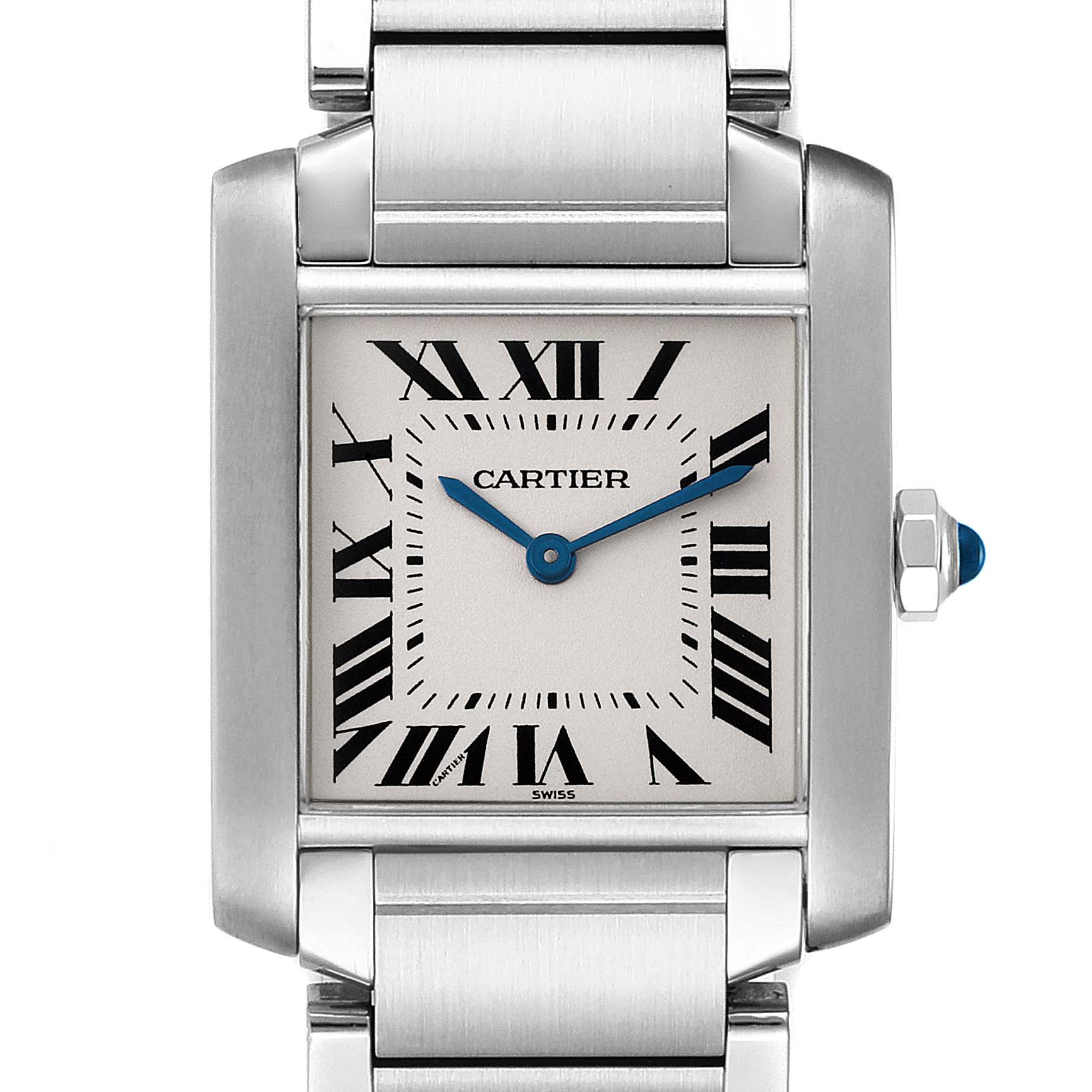 The Cartier Tank Francaise W51003Q3 Women's Stainless Steel Silver Dial W51003Q3 Women's Stainless Steel Silver Dial watch is shown from the front, highlighting its rectangular face, Roman numerals, and stainless steel bracelet.