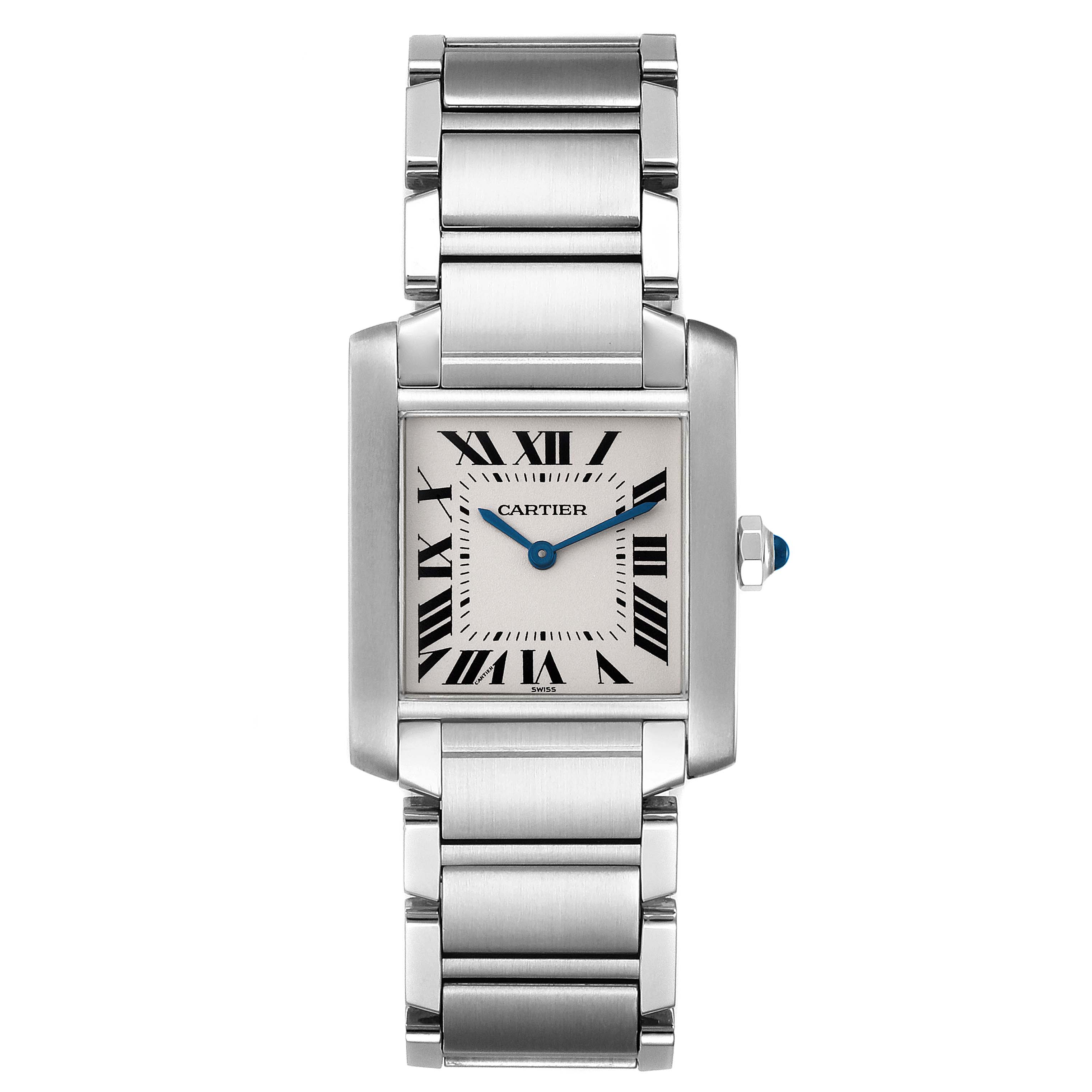 The image shows a front view of the Cartier Tank Française watch, featuring its face, metallic strap, and blue-tipped crown.
