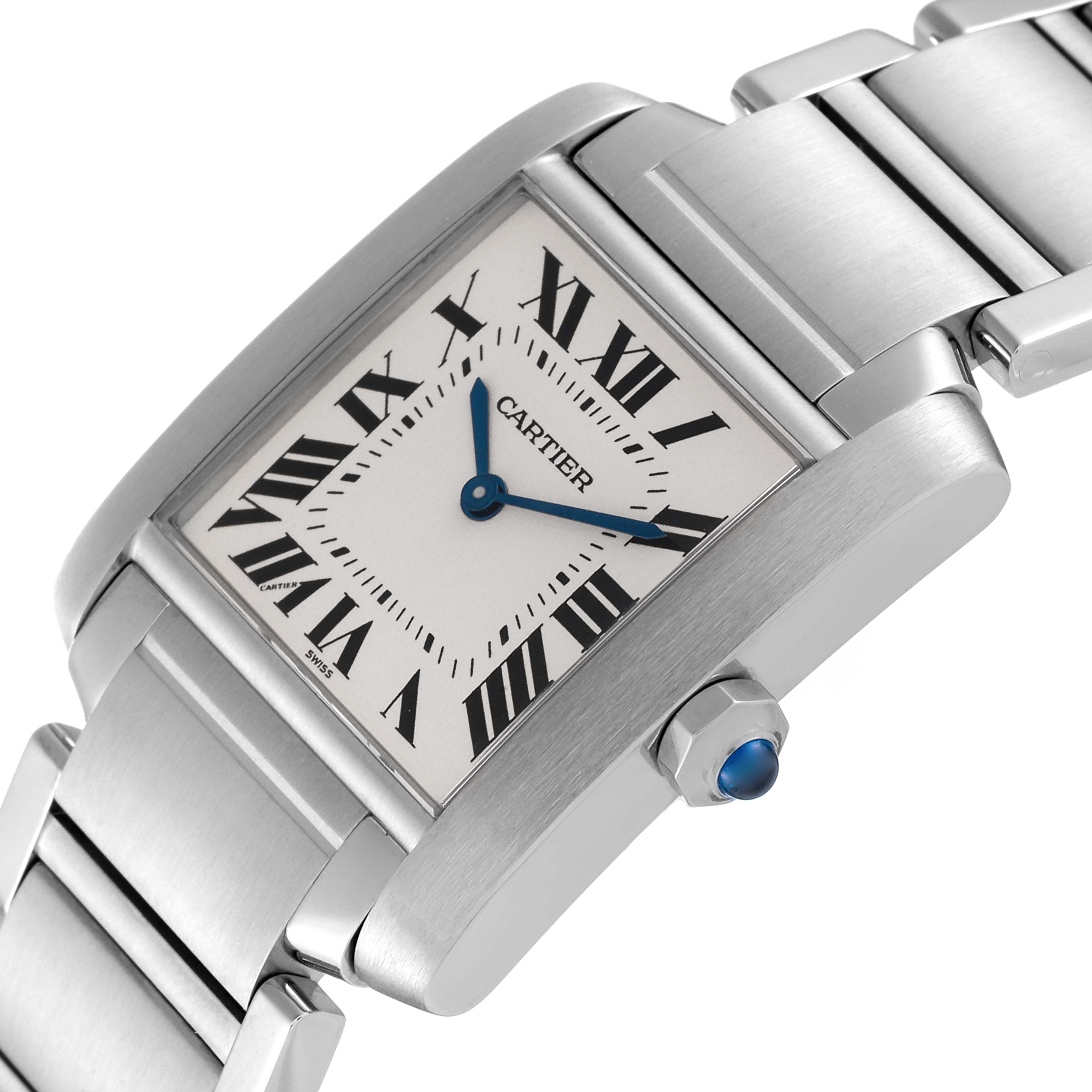 This image shows a close-up, angled view of the Cartier Tank Francaise W51003Q3 Women's Stainless Steel Silver Dial W51003Q3 Women's Stainless Steel Silver Dial watch, highlighting its face, crown, and part of its metal bracelet.
