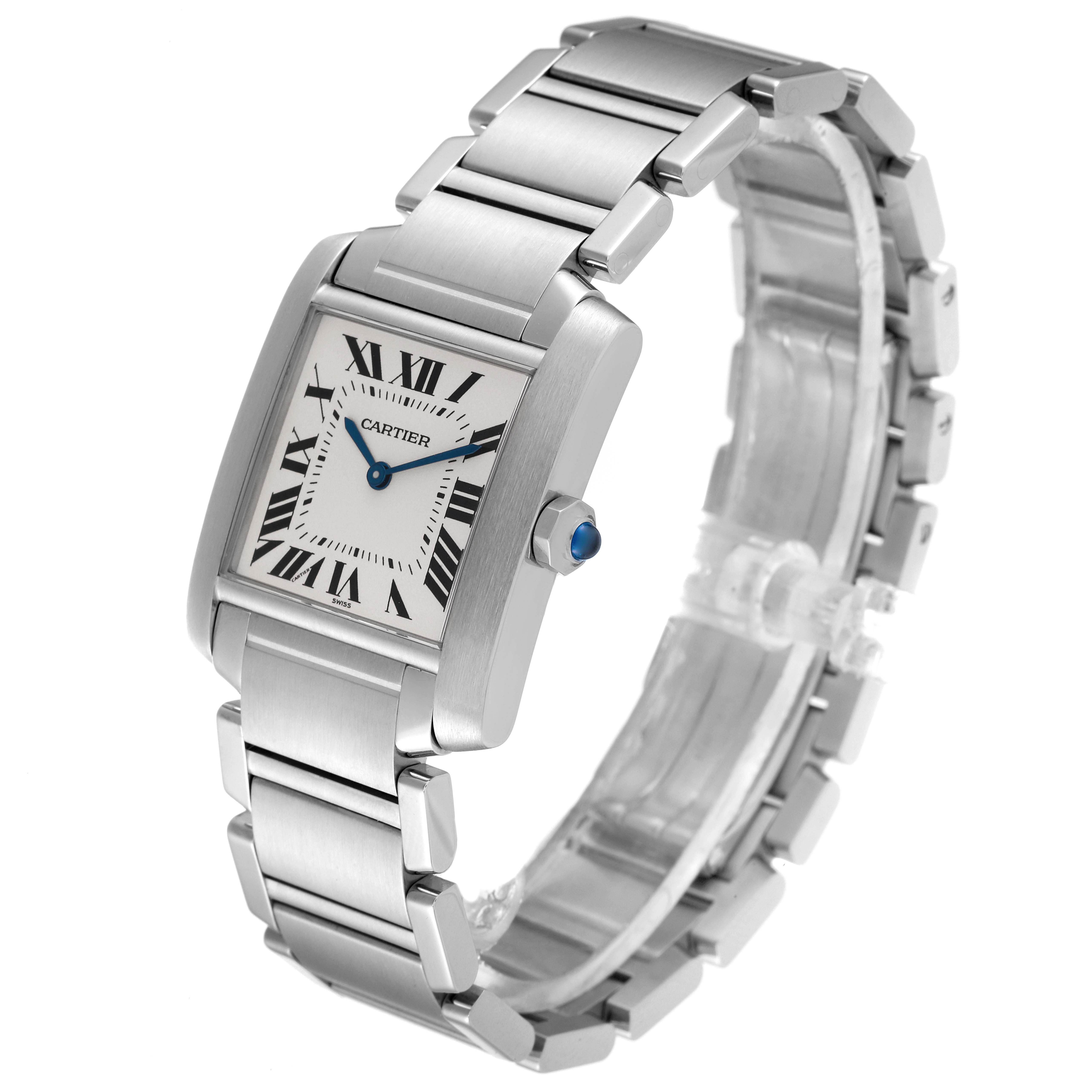 The Cartier Tank Francaise W51003Q3 Women's Stainless Steel Silver Dial W51003Q3 Women's Stainless Steel Silver Dial watch is shown at a slight angle, highlighting the face, bracelet, and side view with the crown.