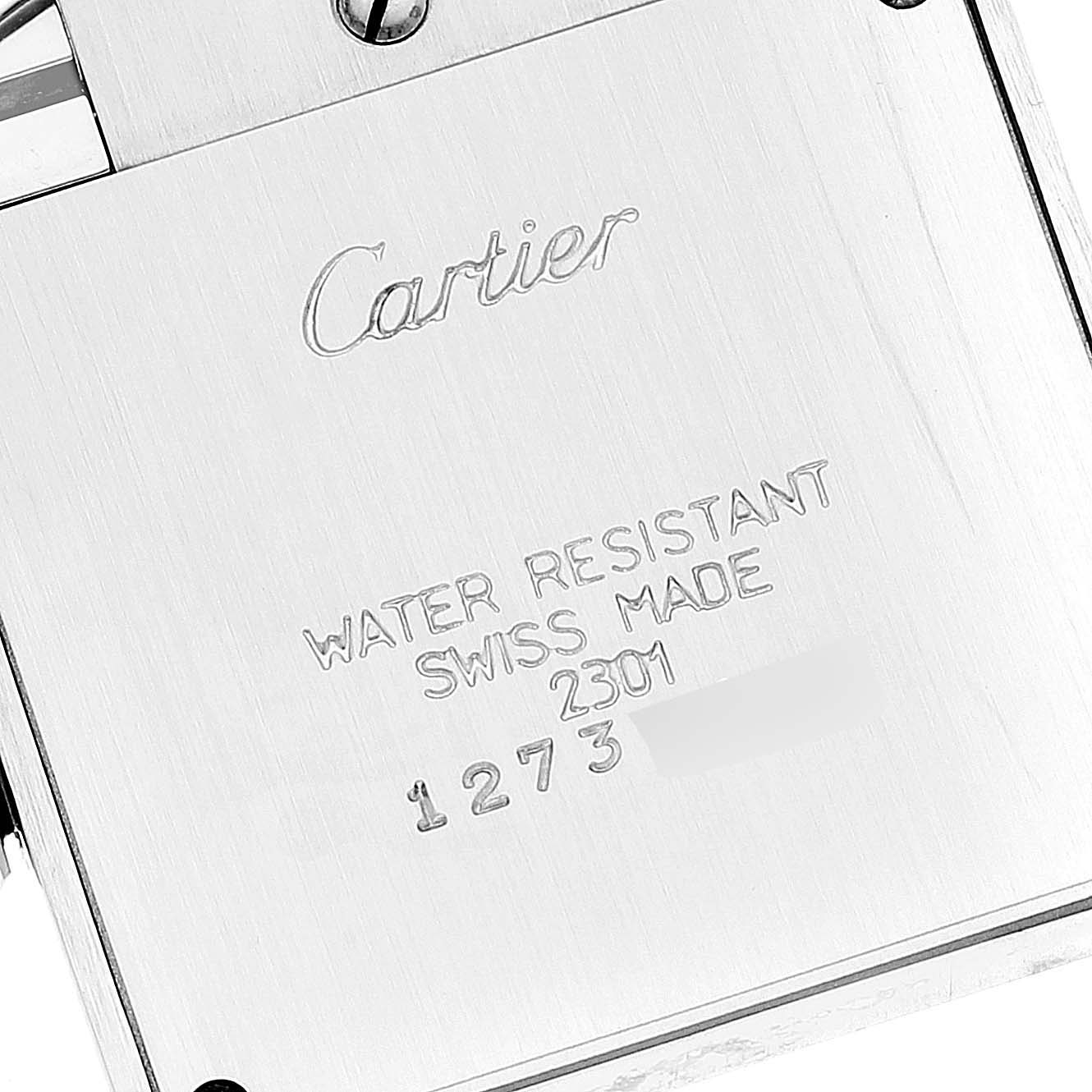 The image shows the back case of a Cartier Tank Francaise W51003Q3 Women's Stainless Steel Silver Dial W51003Q3 Women's Stainless Steel Silver Dial watch, displaying brand engraving, model information, and water resistance details.