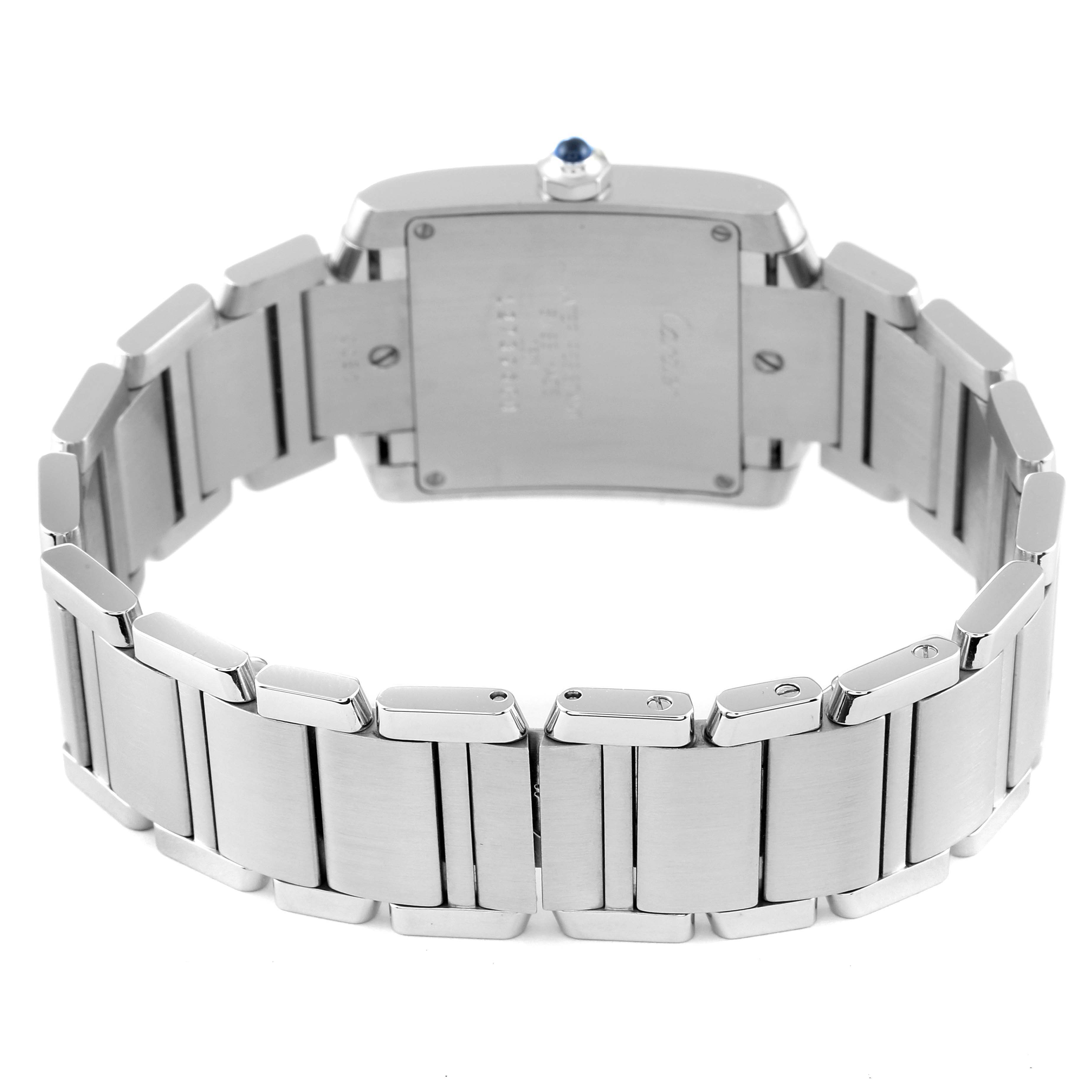 This image shows the stainless steel bracelet and case back of the Cartier Tank Francaise W51003Q3 Women's Stainless Steel Silver Dial W51003Q3 Women's Stainless Steel Silver Dial watch.