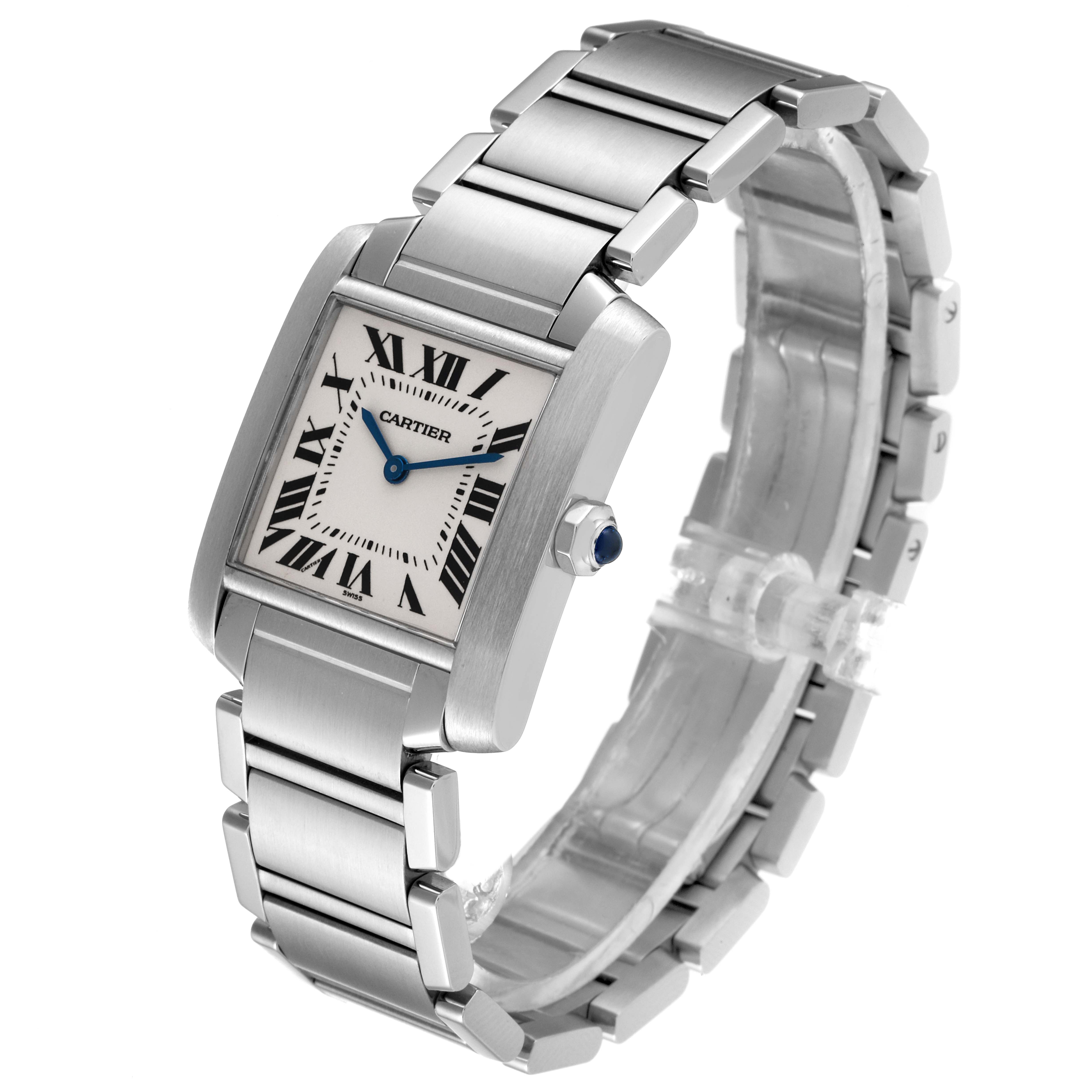 The image shows a Cartier Tank Francaise W51003Q3 Women's Stainless Steel Silver Dial W51003Q3 Women's Stainless Steel Silver Dial watch at a three-quarter angle, highlighting its rectangular face, bracelet, and crown.