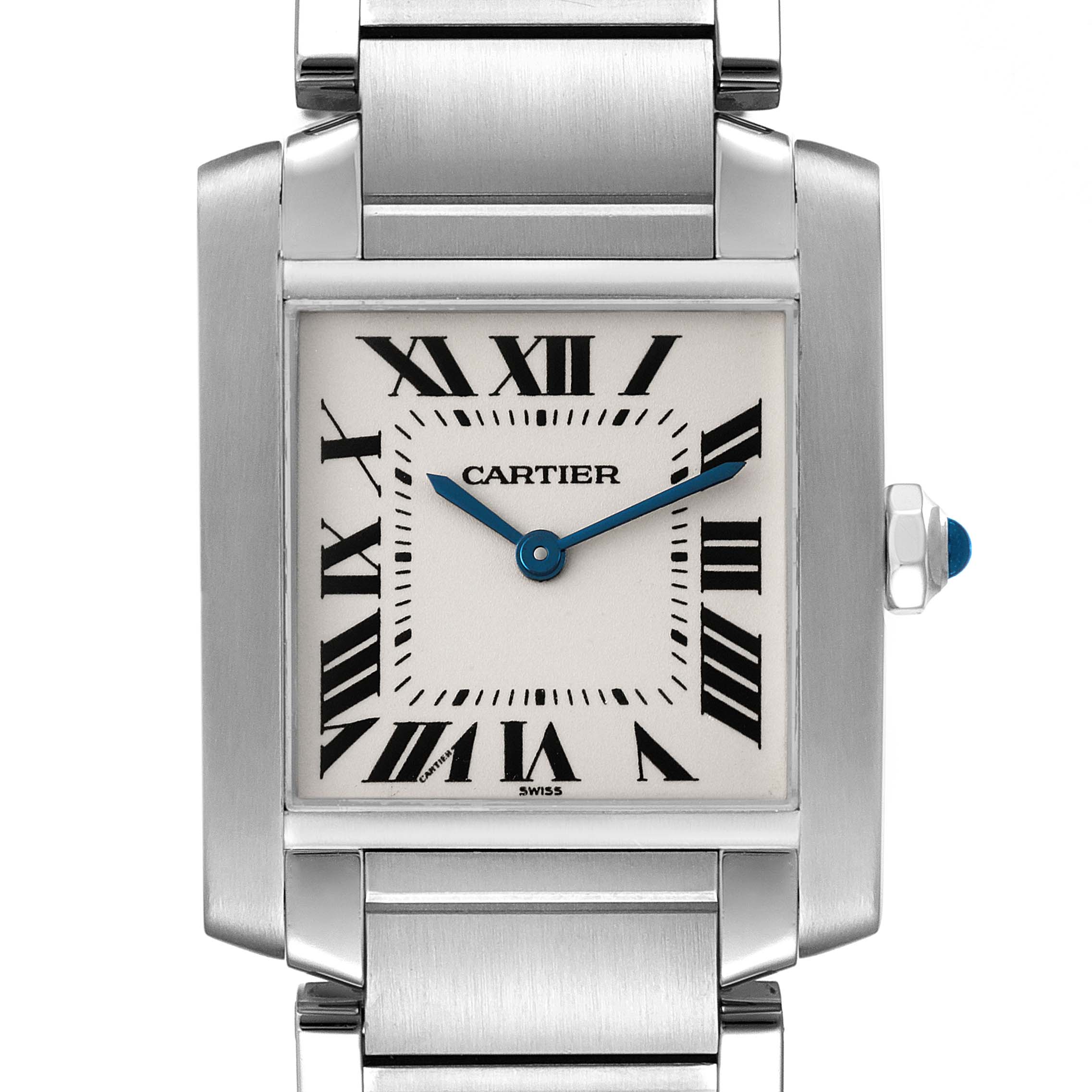 The image shows a frontal view of the Cartier Tank Française watch, displaying its face and part of the bracelet.