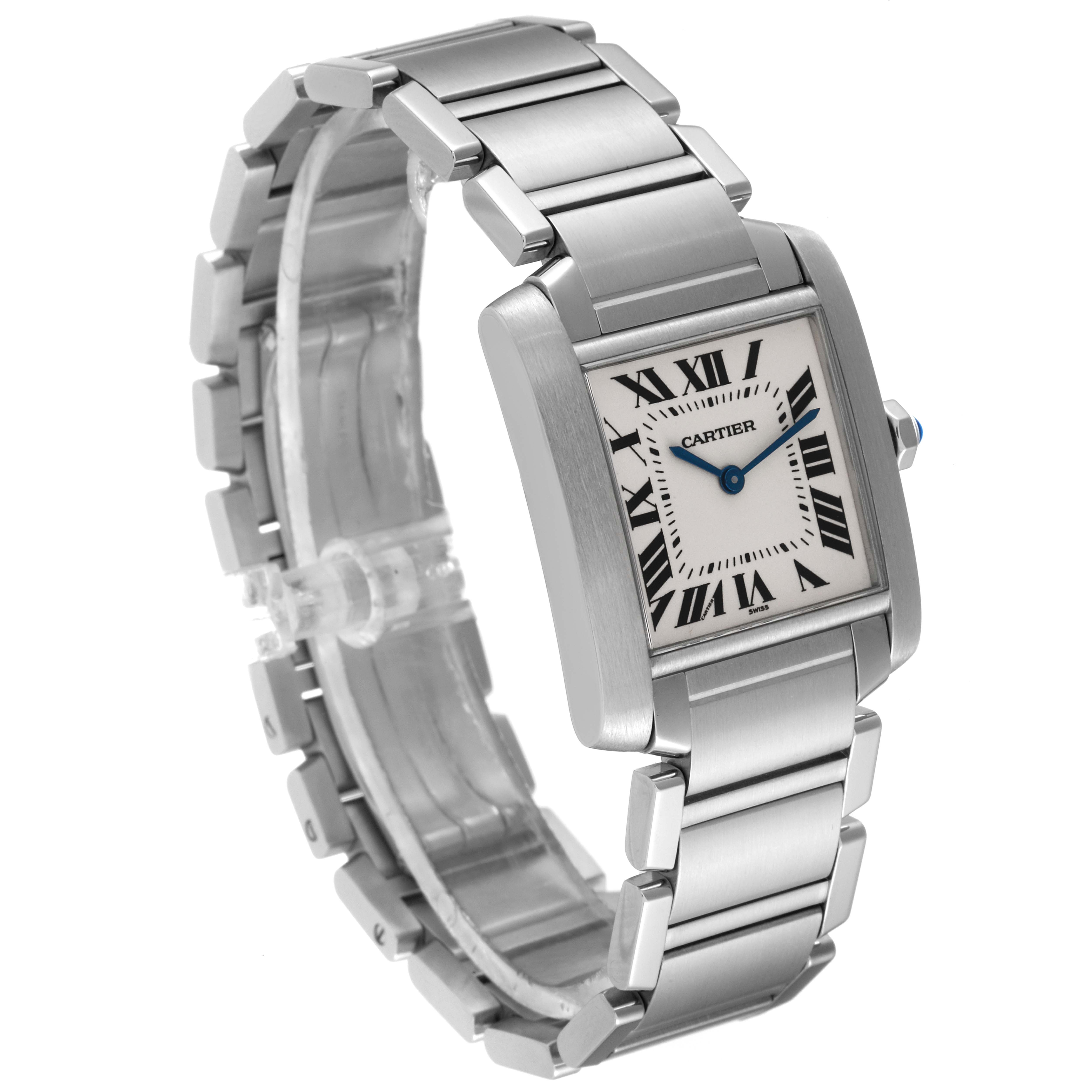 The image shows a Cartier Tank Française watch from a slight angled view, highlighting the face, bracelet, and side profile.