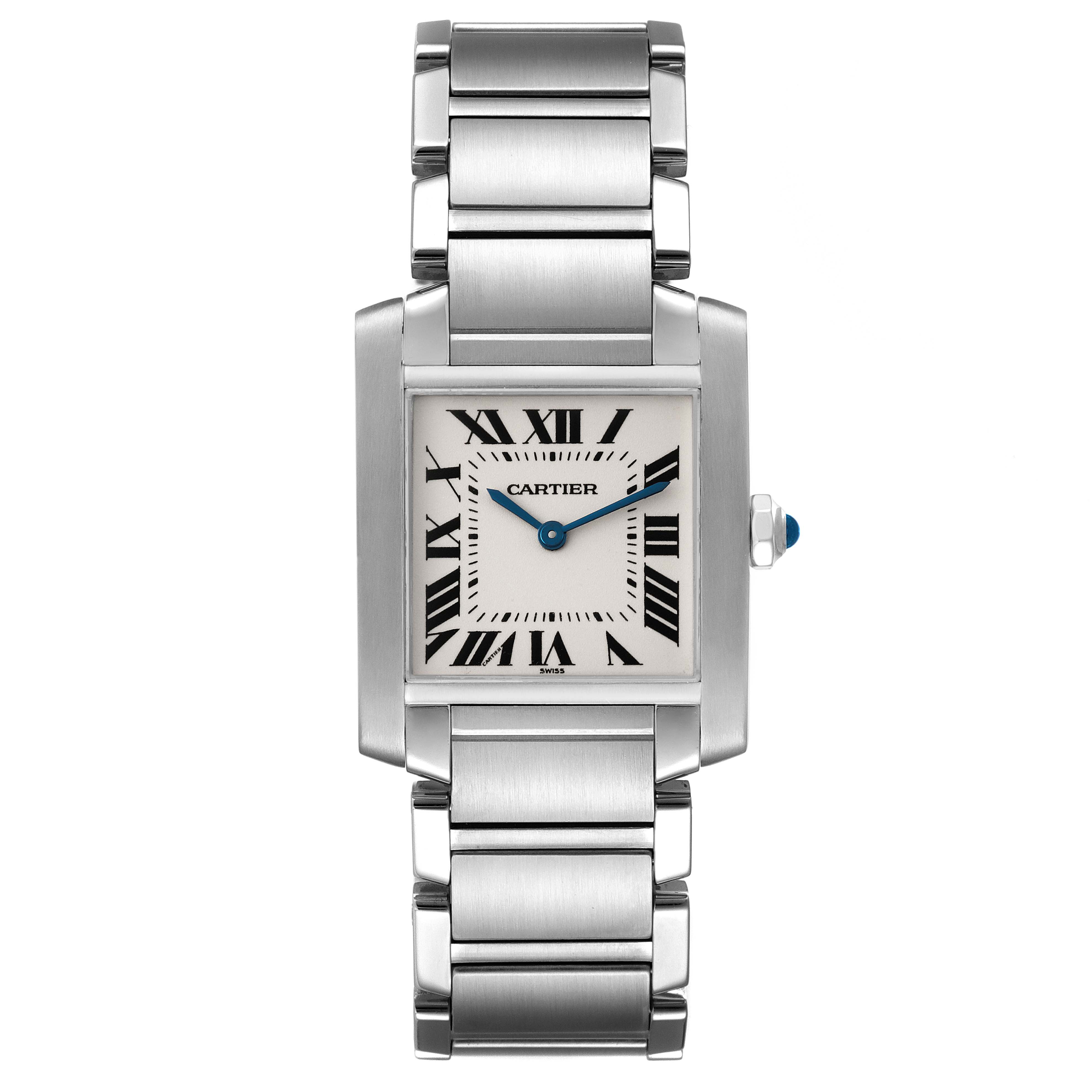 This image shows a front view of a Cartier Tank Francaise W51003Q3 Women's Stainless Steel Silver Dial W51003Q3 Women's Stainless Steel Silver Dial watch, including its dial, hands, and metal bracelet.