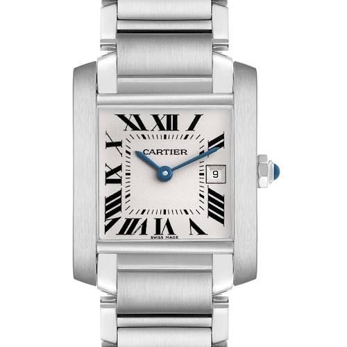 The Cartier Tank Française watch is shown from the front, highlighting its face, Roman numerals, and metal bracelet.