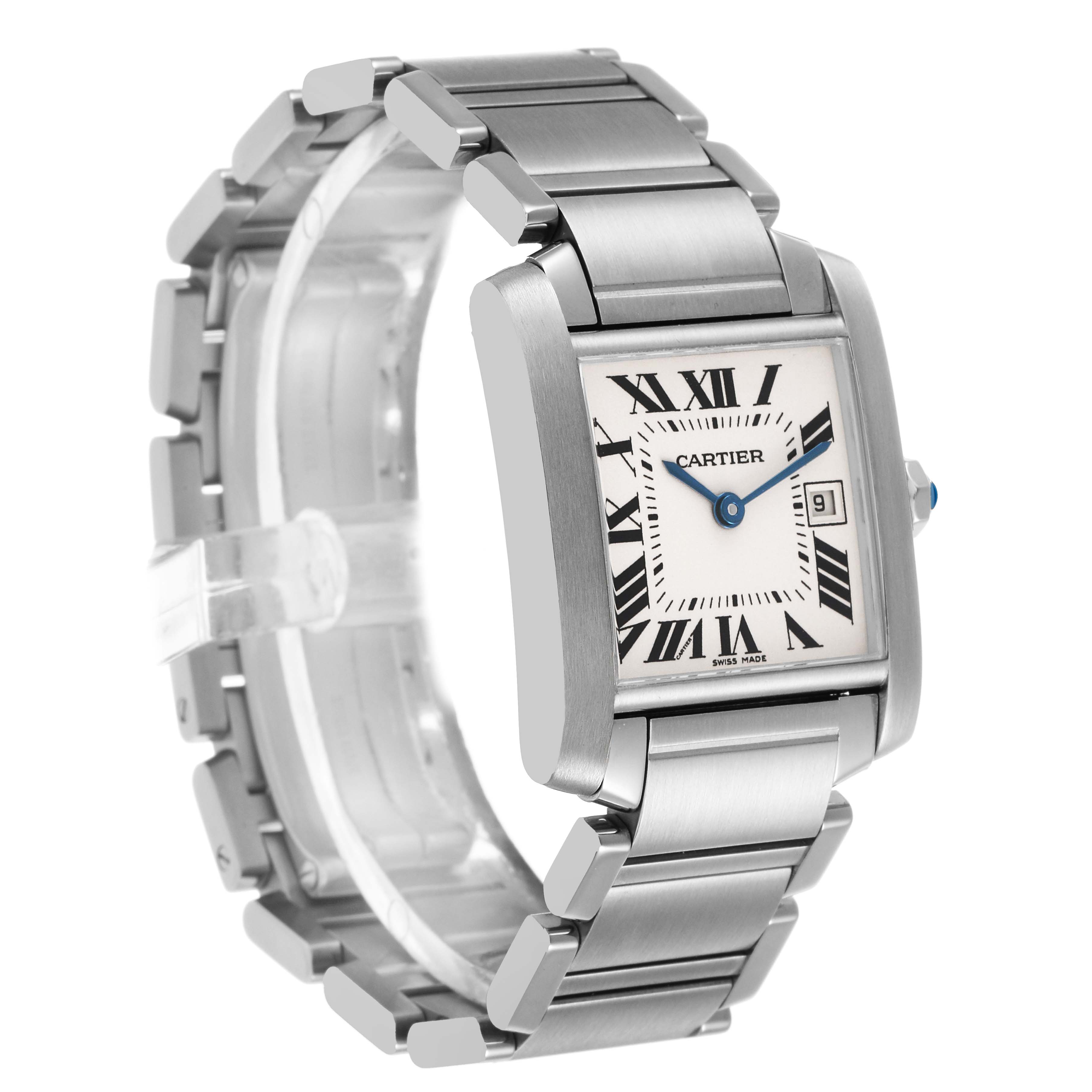 The Cartier Tank Francaise W51011Q3 Women's Stainless Steel Silver Dial watch is shown at a slight angle, displaying the face, Roman numerals, bracelet, and crown.