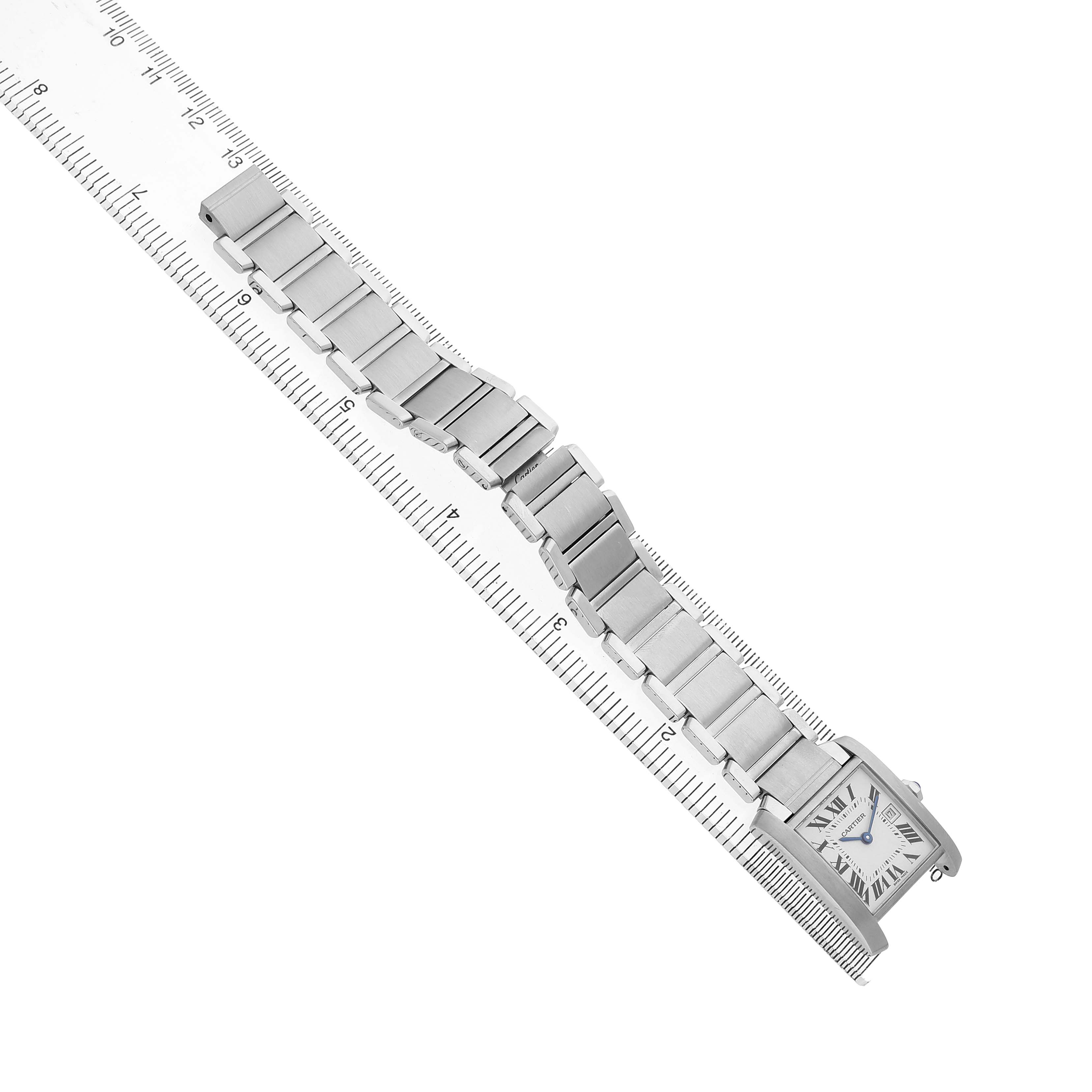 The Cartier Tank Francaise W51011Q3 Women's Stainless Steel Silver Dial watch is shown diagonally from above, with focus on the bracelet and face.