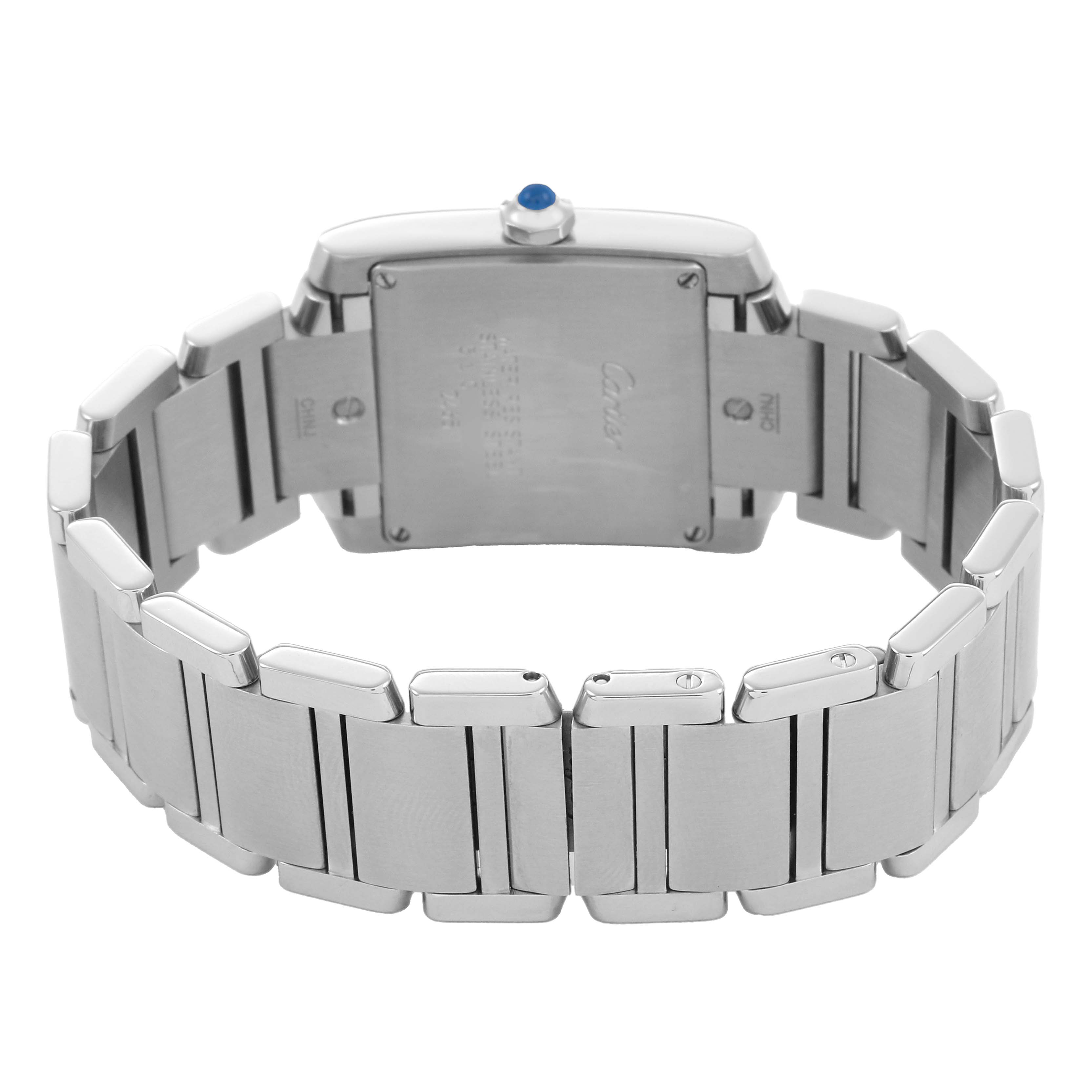 The image shows the back view of a Cartier Tank Française watch, highlighting the case back and stainless steel bracelet.