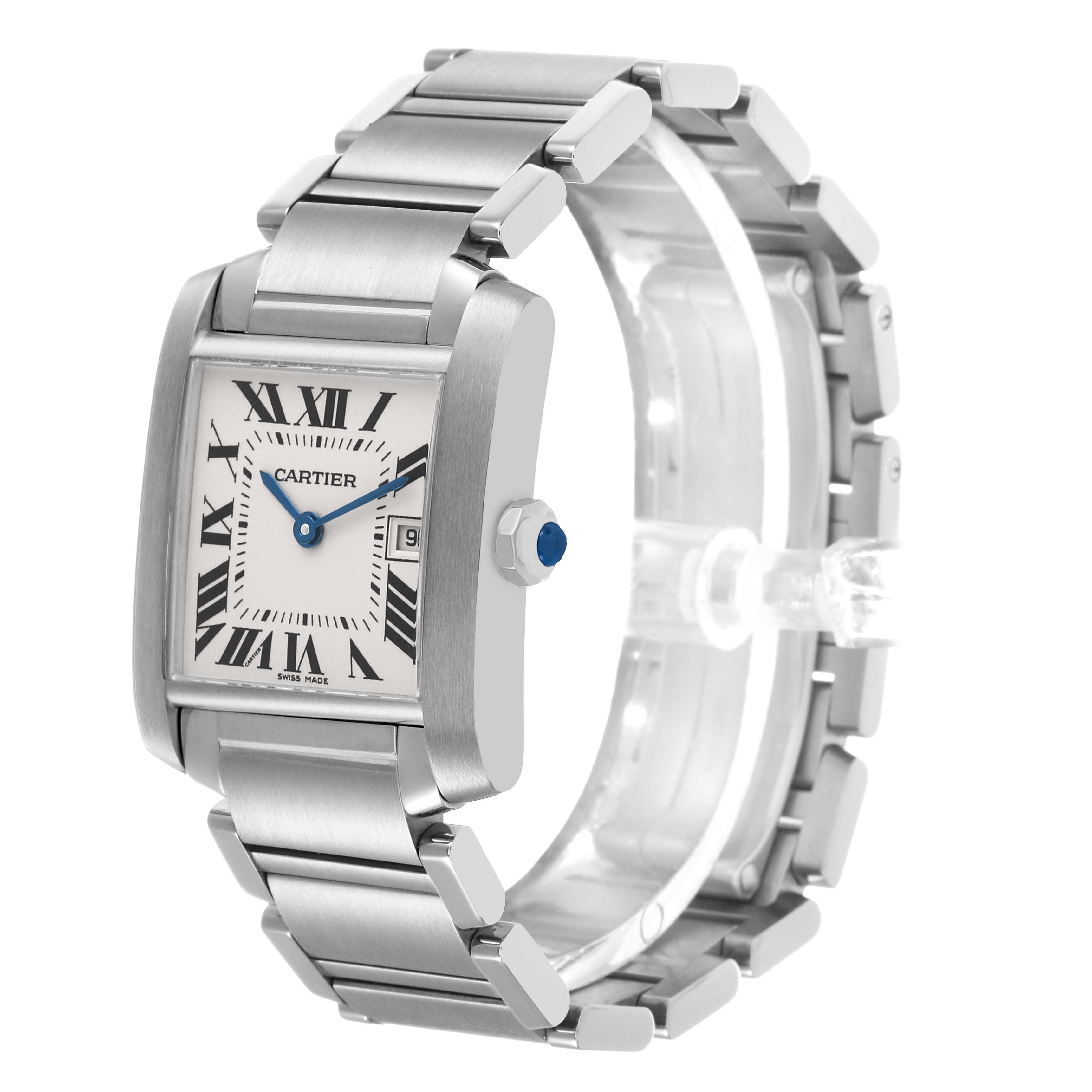 The Cartier Tank Française watch is shown at a front-left angle, highlighting the face, bracelet, and crown.
