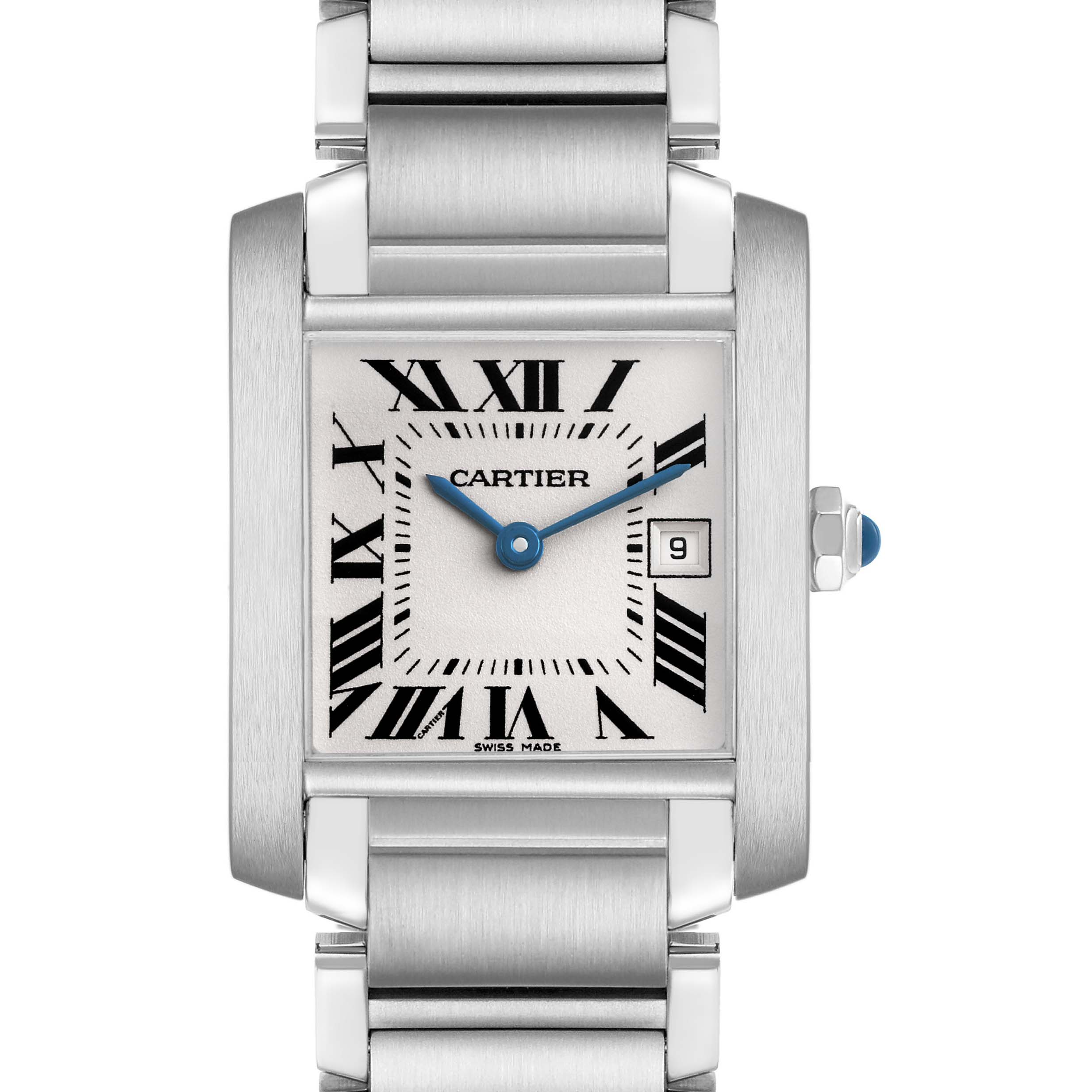 The Cartier Tank Française watch is shown from the front, highlighting its rectangular face, Roman numerals, and metal bracelet.