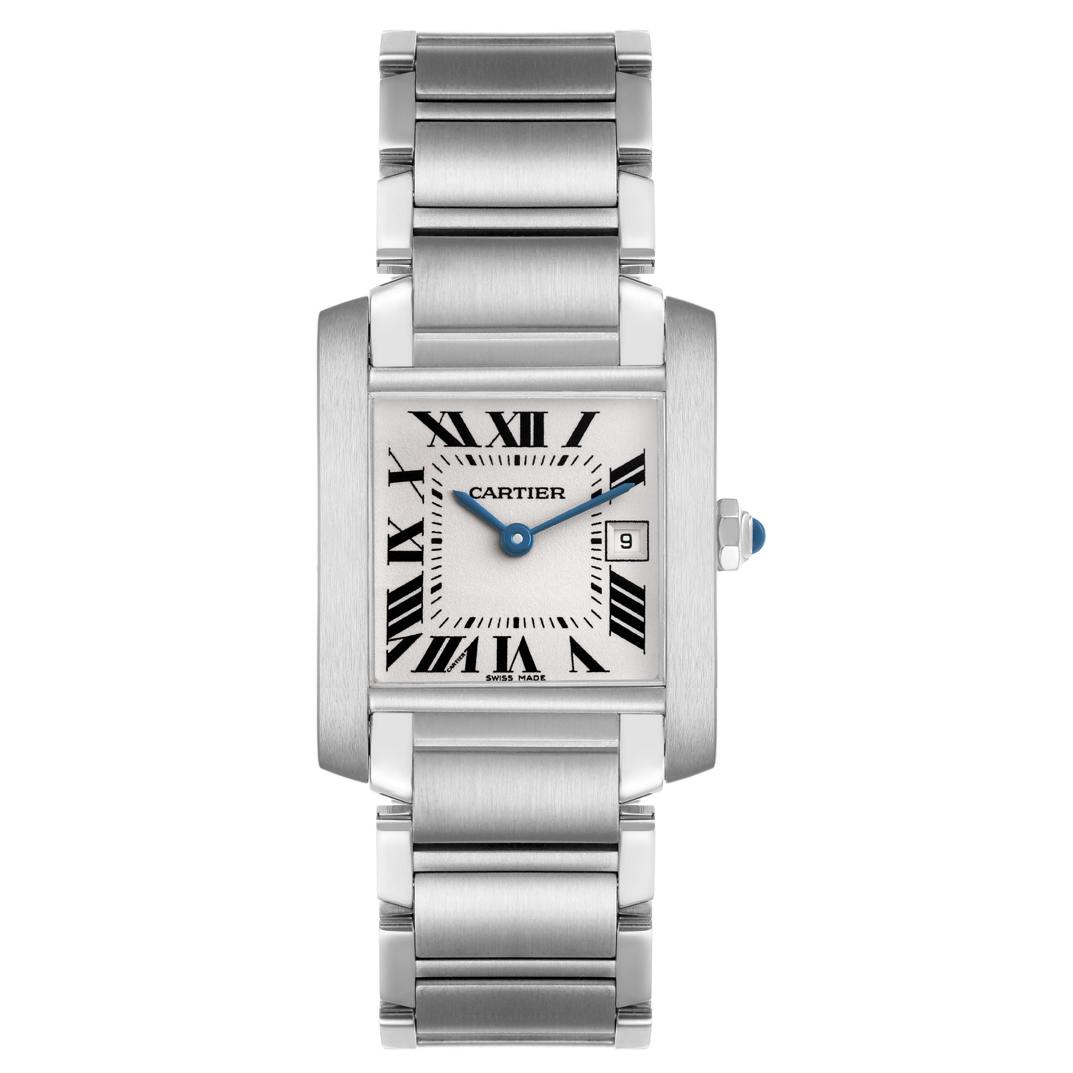 The Cartier Tank Francaise W51011Q3 Women's Stainless Steel Silver Dial watch is shown in a frontal view, highlighting its rectangular face, Roman numerals, and metallic bracelet.