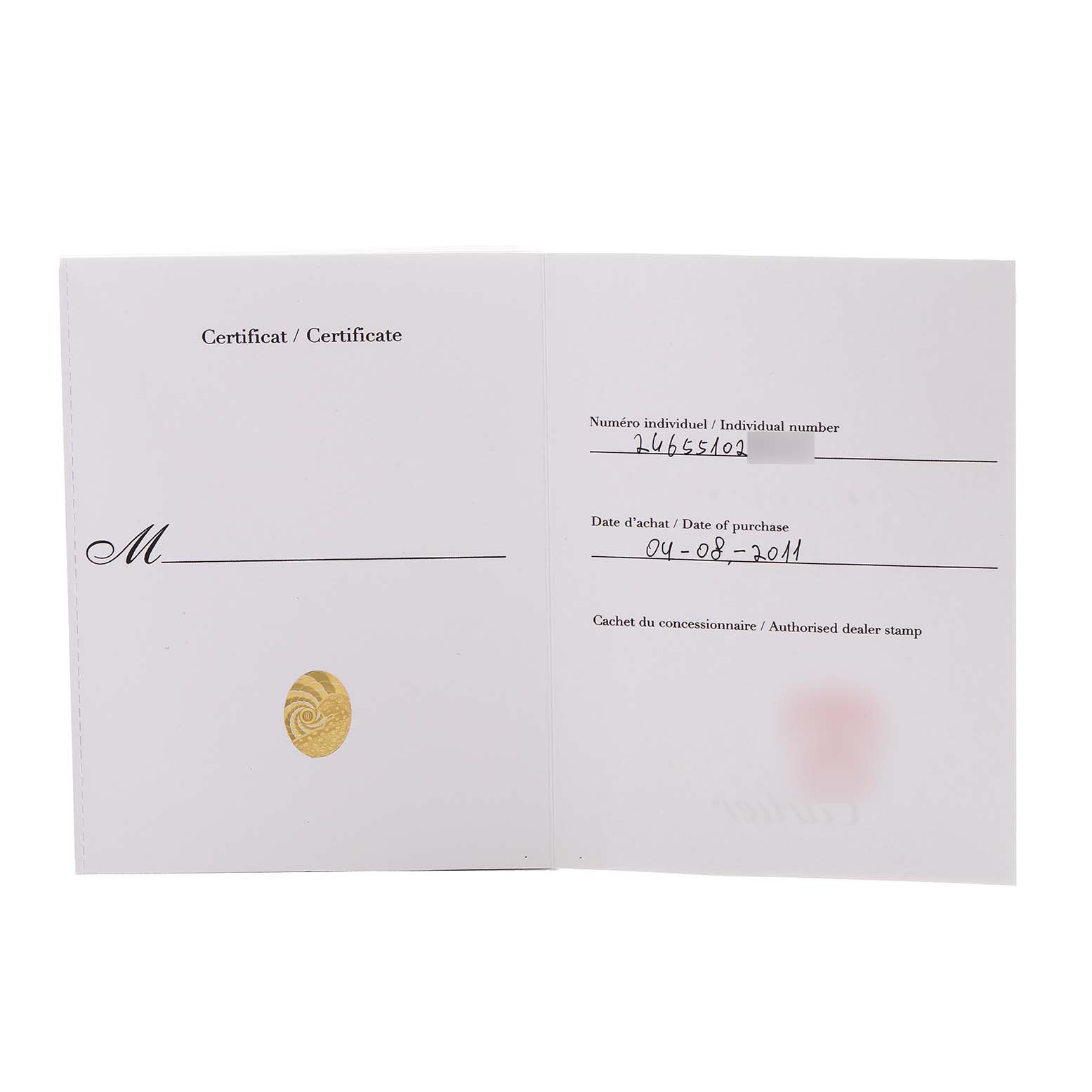 This image shows the certification document for a Cartier Tank Francaise W51011Q3 Women's Stainless Steel Silver Dial watch, detailing purchase information.
