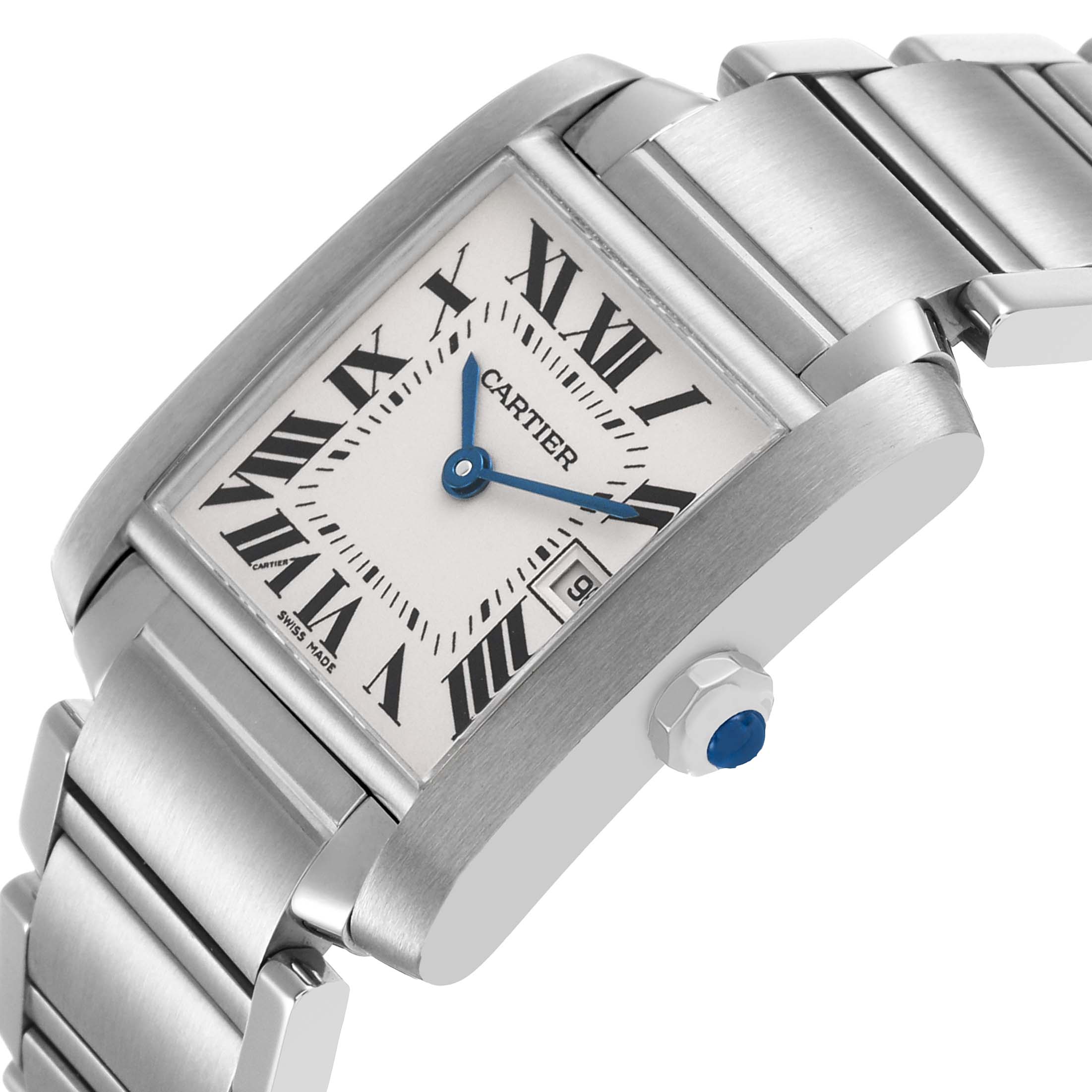 The Cartier Tank Francaise W51011Q3 Women's Stainless Steel Silver Dial watch is shown at an angled view, highlighting its face, bracelet, and blue cabochon crown.