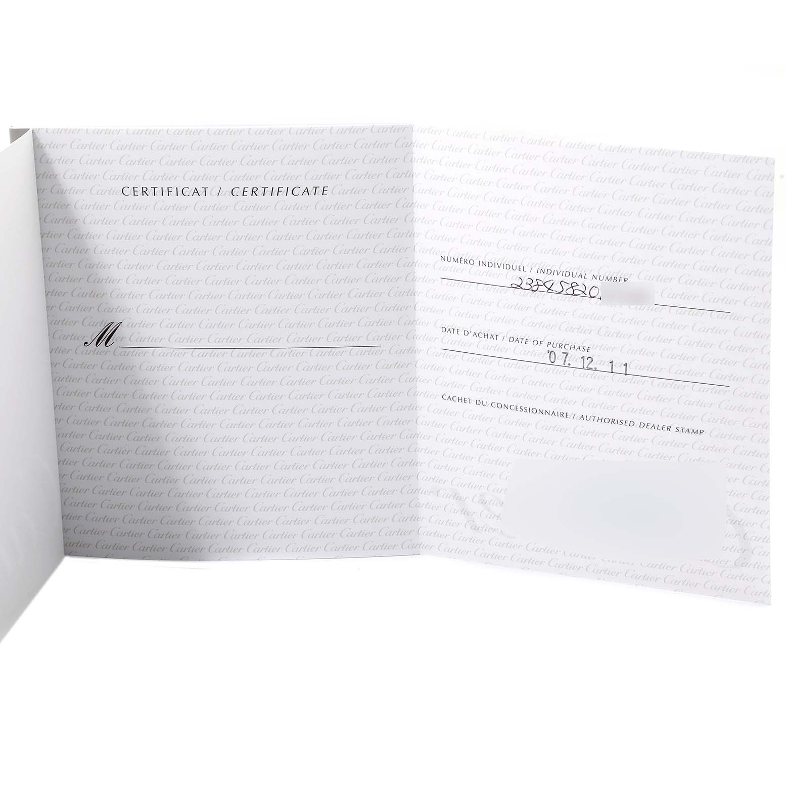 The image shows the certificate of authenticity for a Cartier Tank Française watch, open to display its details.