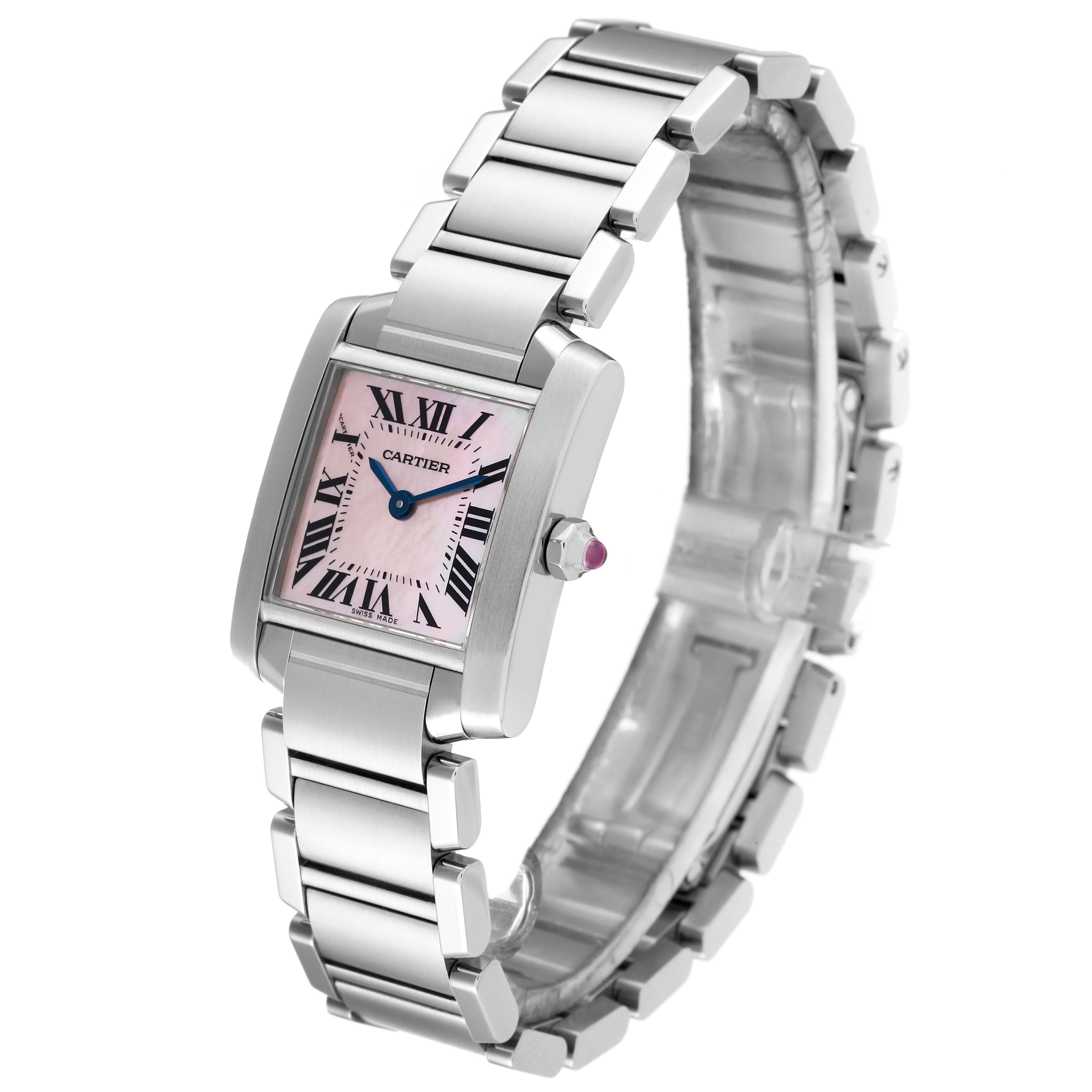 The image shows a Cartier Tank Francaise W51028Q3 Women's Stainless Steel Mother of Pearl Dial W51028Q3 Women's Stainless Steel Mother of Pearl Dial watch at a three-quarter angle, highlighting its bracelet, case, and pink dial.