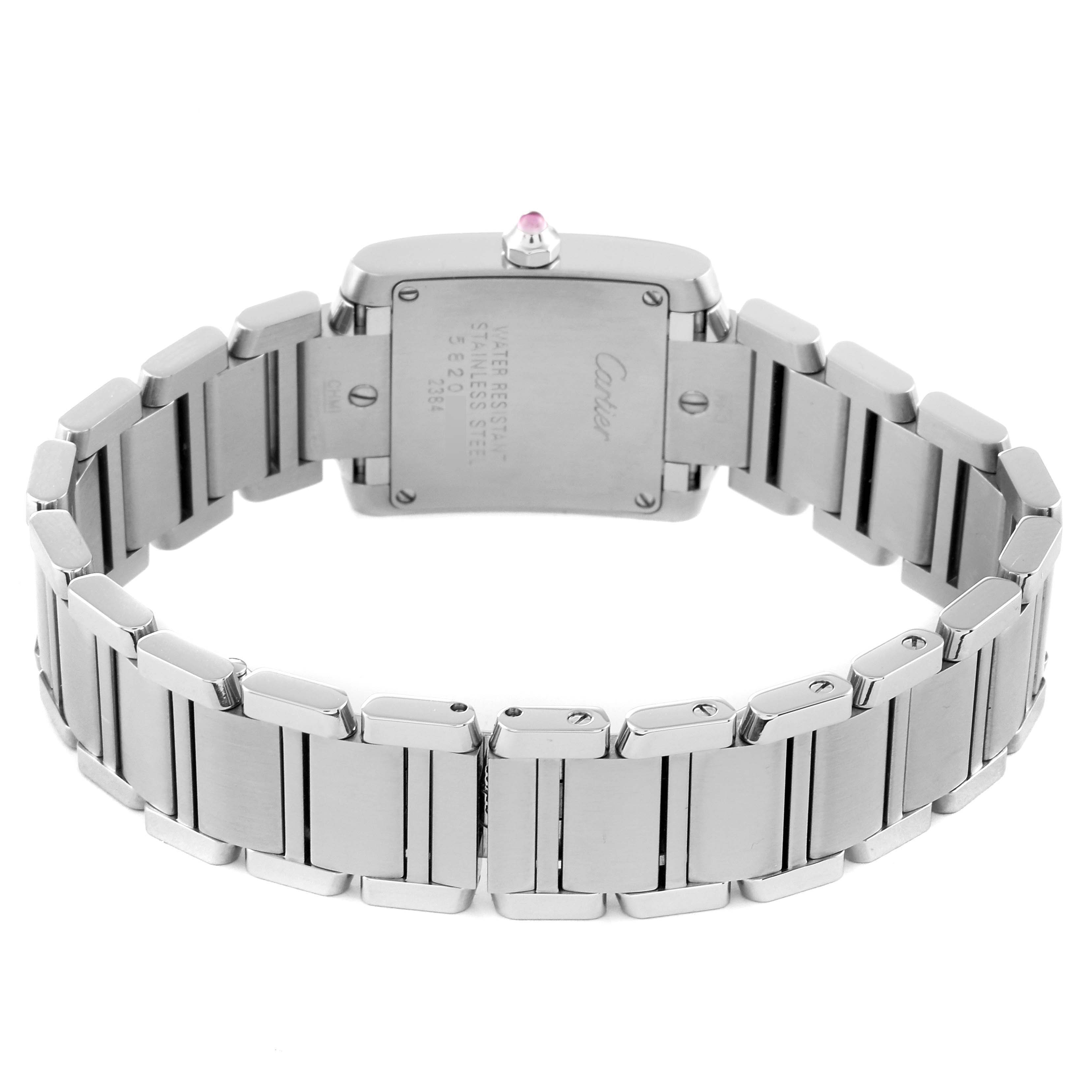 The image shows the back view of a Cartier Tank Francaise W51028Q3 Women's Stainless Steel Mother of Pearl Dial W51028Q3 Women's Stainless Steel Mother of Pearl Dial watch, highlighting its stainless steel bracelet and case back details.