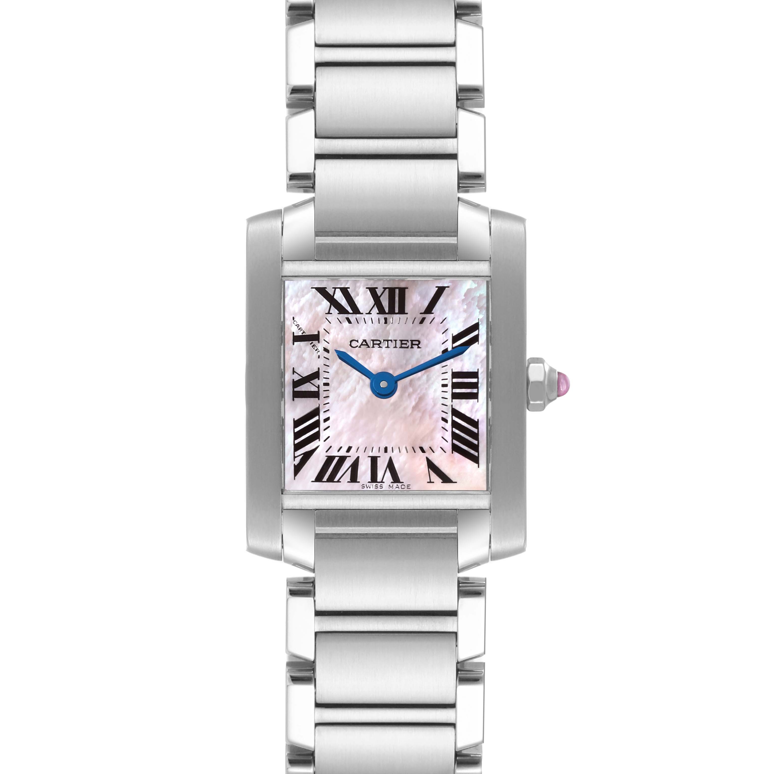 The image shows a Cartier Tank Francaise W51028Q3 Women's Stainless Steel Mother of Pearl Dial W51028Q3 Women's Stainless Steel Mother of Pearl Dial watch at a straight-on angle, displaying the watch face and stainless steel bracelet.