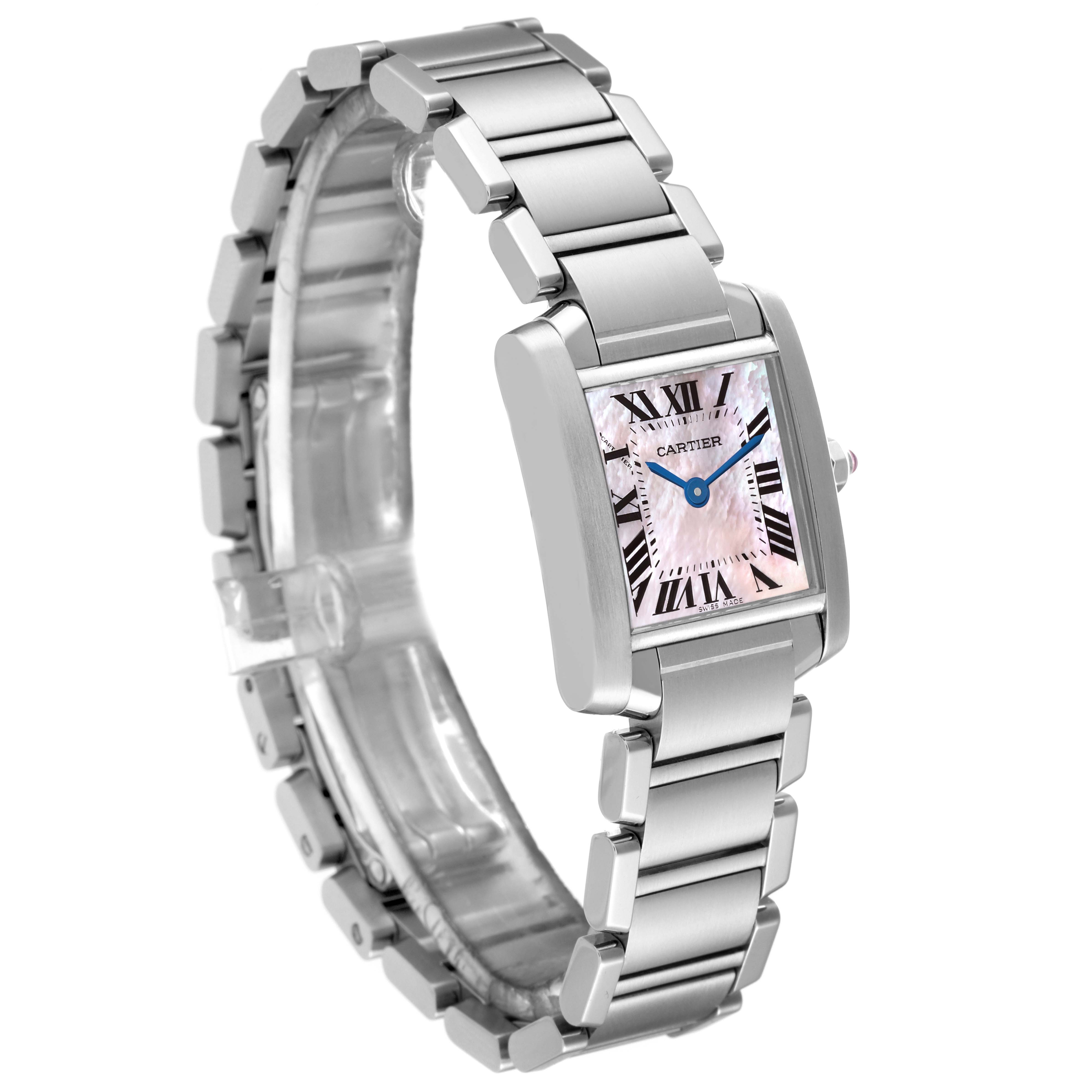 The image shows a Cartier Tank Française watch at a three-quarter angle, displaying the bracelet and face of the watch.