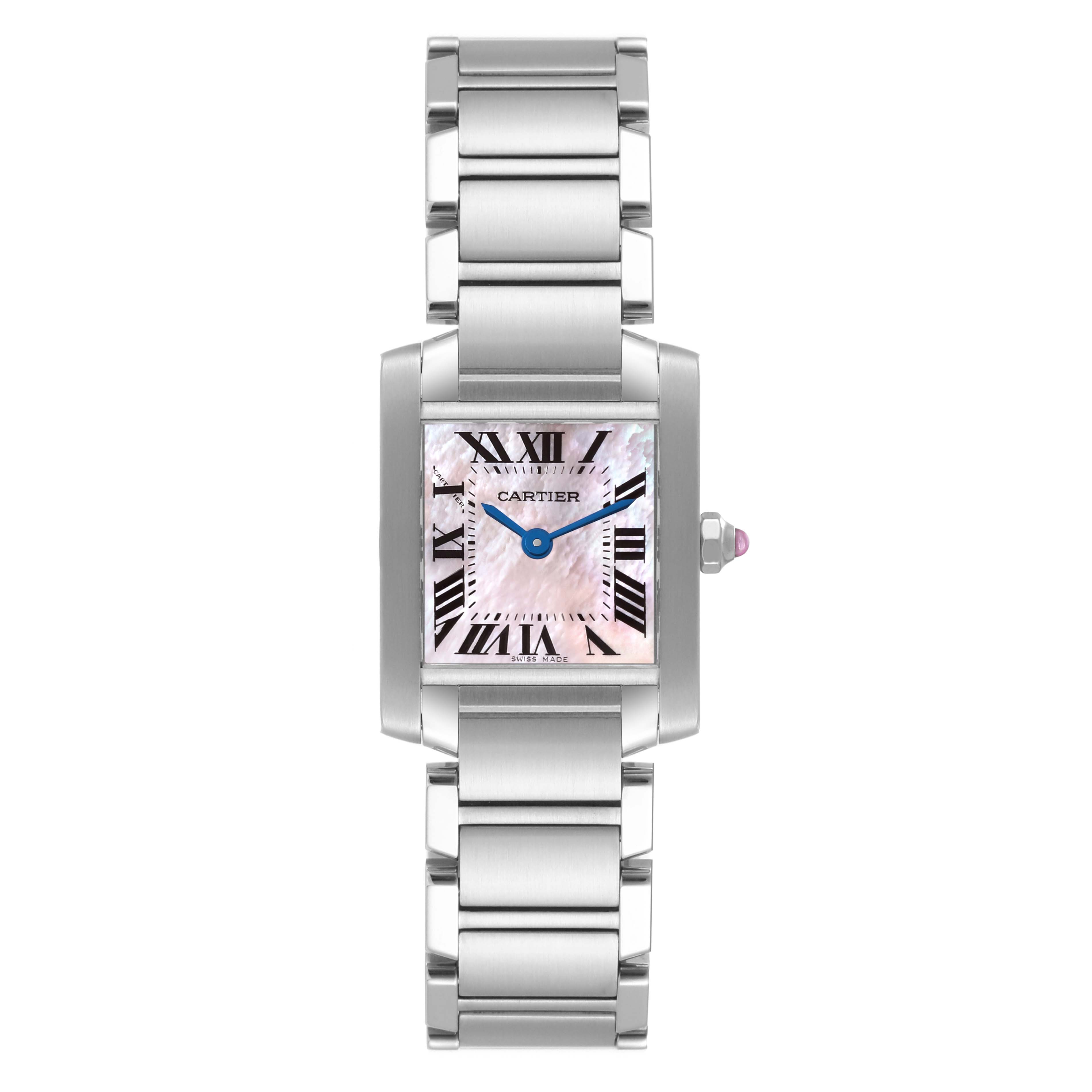 This is a front view of the Cartier Tank Francaise W51028Q3 Women's Stainless Steel Mother of Pearl Dial W51028Q3 Women's Stainless Steel Mother of Pearl Dial watch showing the face, bracelet, crown, and Roman numeral dial.