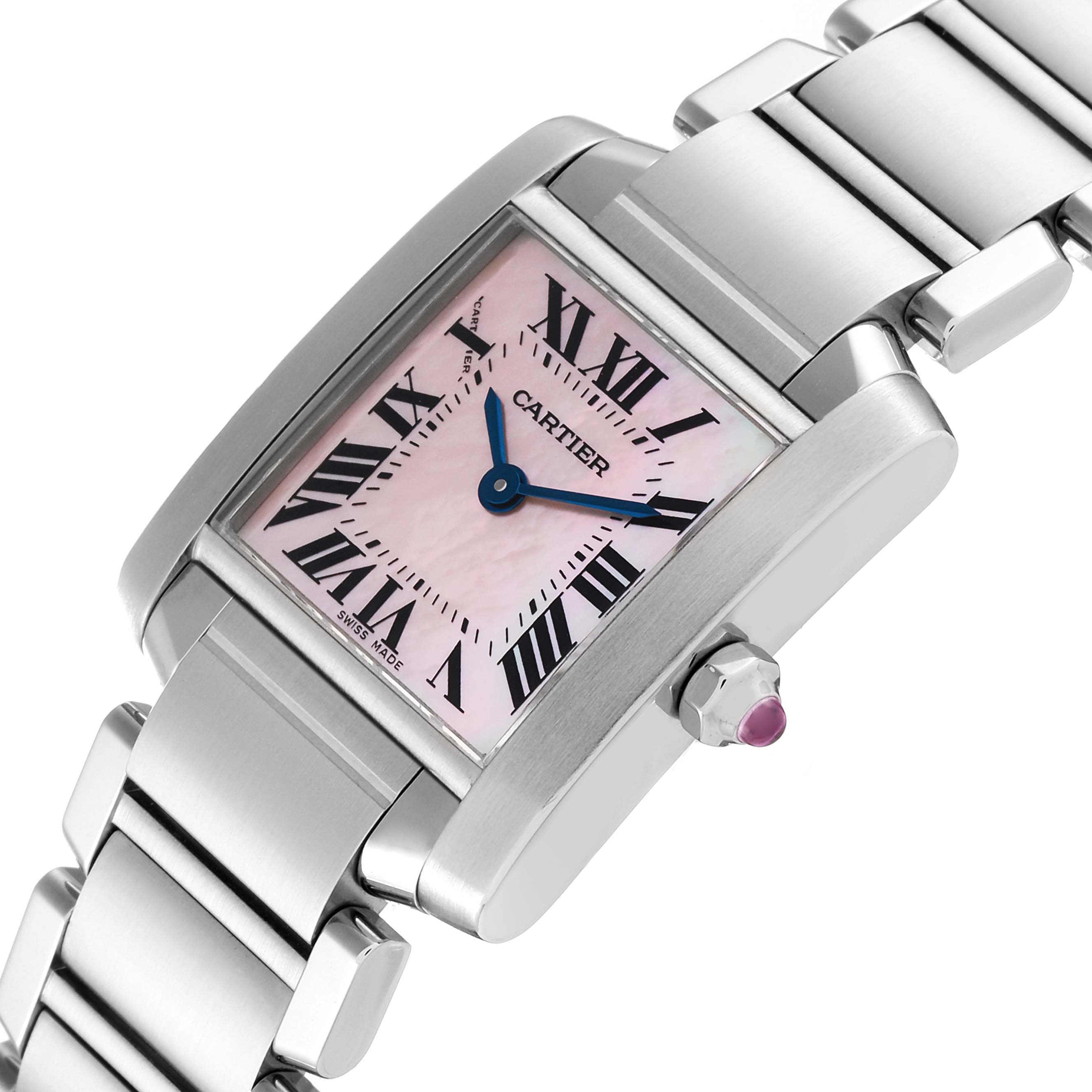 The image shows a close-up angle of the Cartier Tank Francaise W51028Q3 Women's Stainless Steel Mother of Pearl Dial W51028Q3 Women's Stainless Steel Mother of Pearl Dial watch, highlighting its dial, bezel, and part of the metal bracelet.