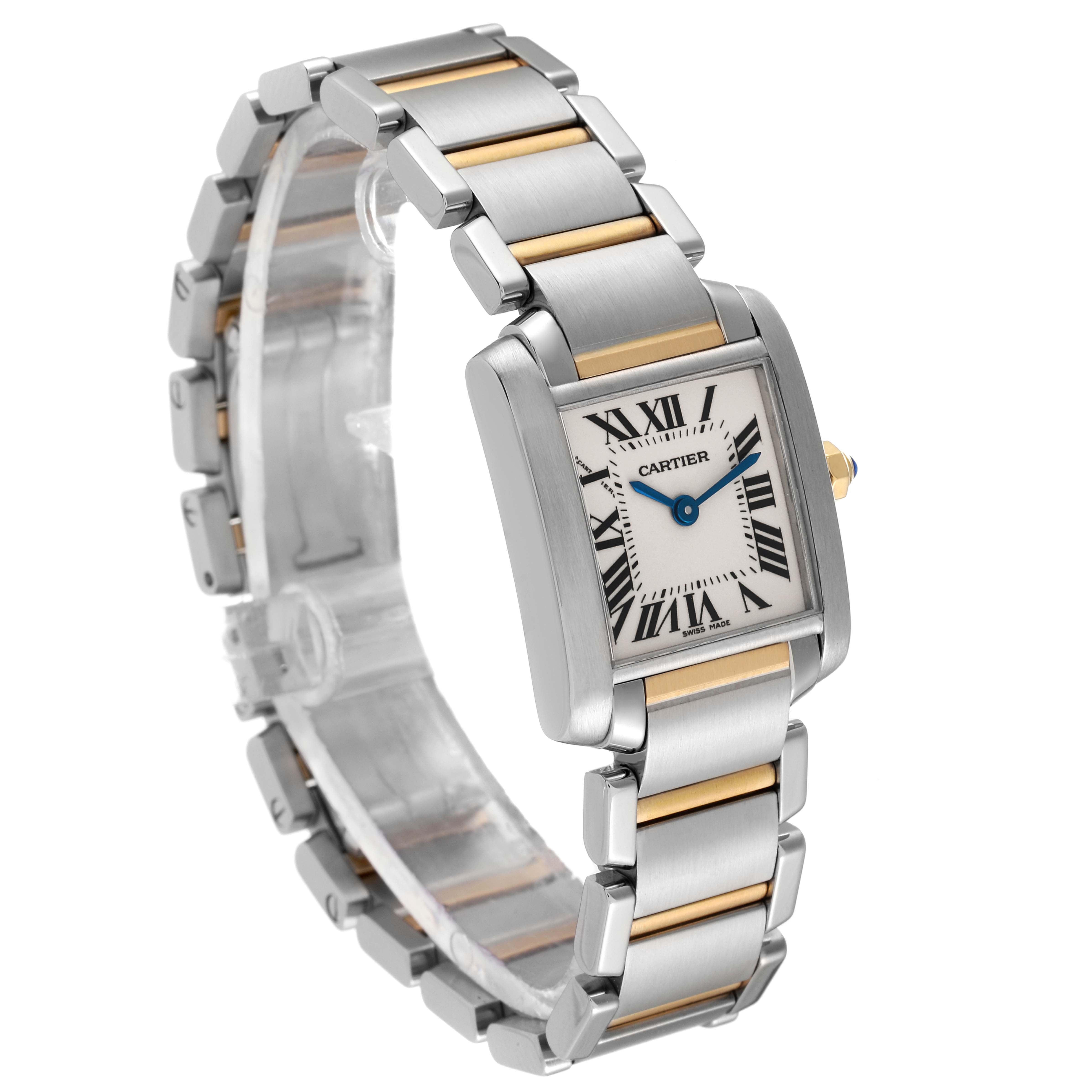 The image shows a three-quarter angle view of a Cartier Tank Francaise W51007Q4 Women's Steel and Gold (two tone) Silver Dial W51007Q4 Women's Steel and Gold (two tone) Silver Dial watch, displaying the face, bracelet, and crown.