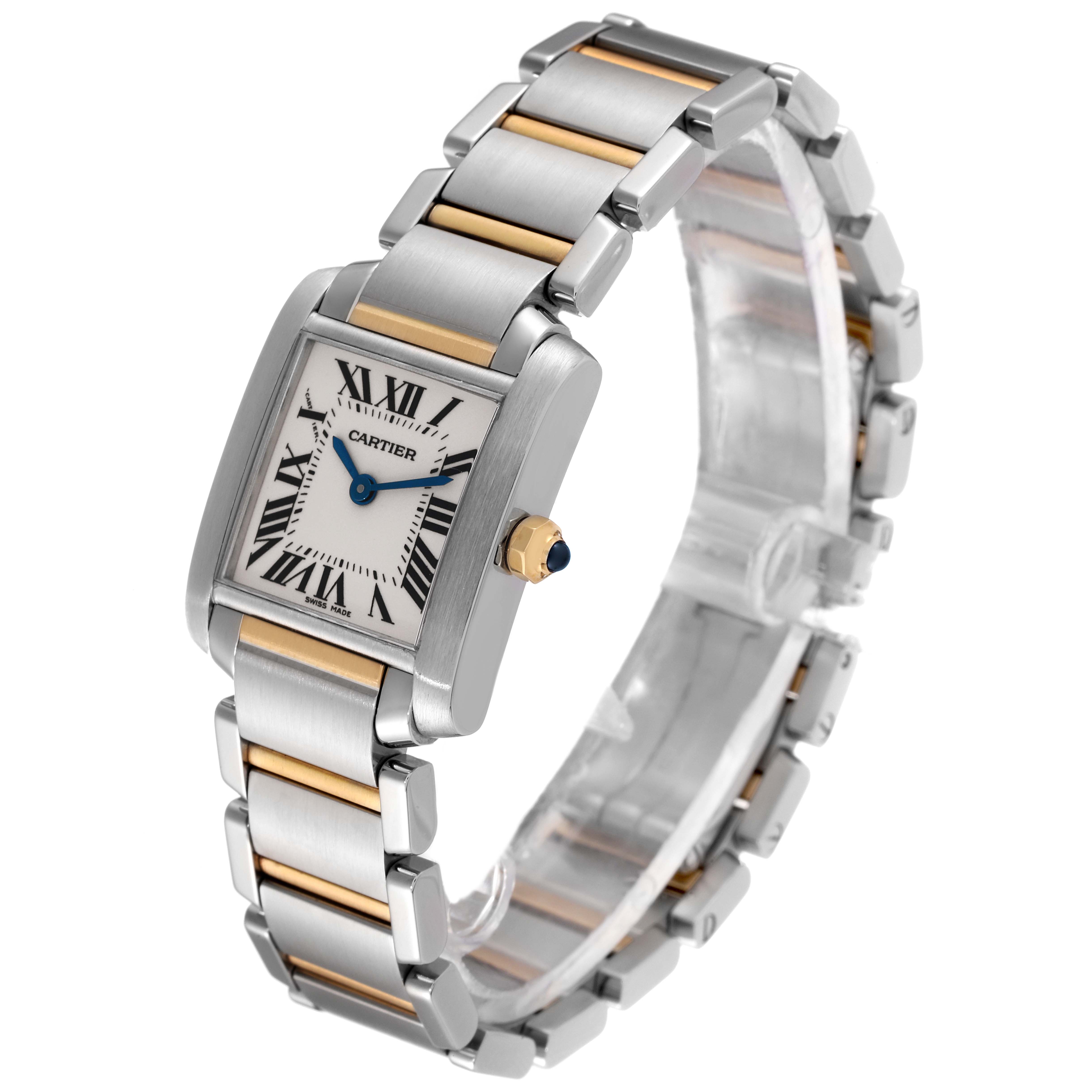 The Cartier Tank Francaise W51007Q4 Women's Steel and Gold (two tone) Silver Dial W51007Q4 Women's Steel and Gold (two tone) Silver Dial watch is shown at an angle that highlights the face, stainless steel, and gold bracelet with Roman numerals.
