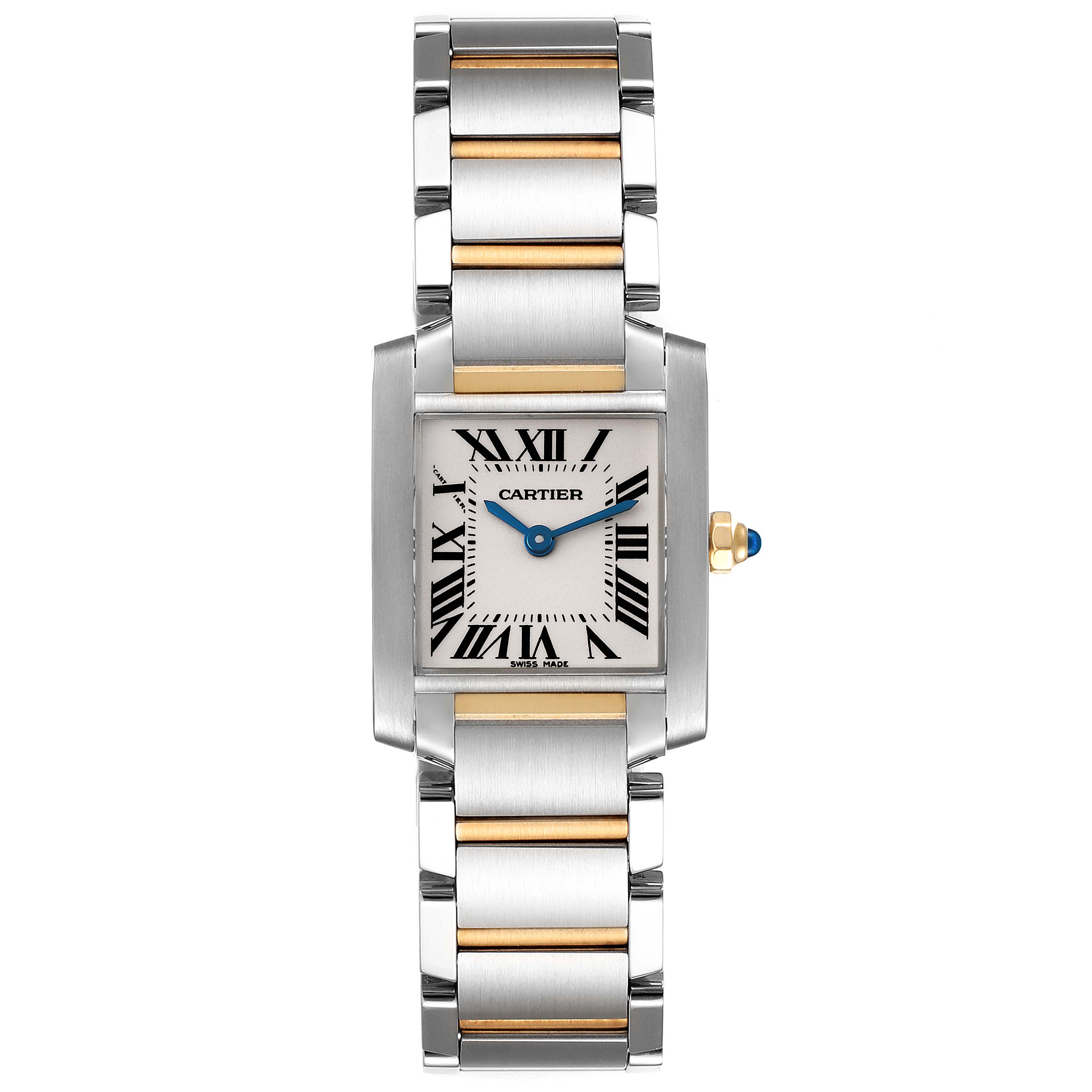The image shows a front view of a Cartier Tank Francaise W51007Q4 Women's Steel and Gold (two tone) Silver Dial W51007Q4 Women's Steel and Gold (two tone) Silver Dial watch, highlighting its rectangular case, bracelet, and dial.