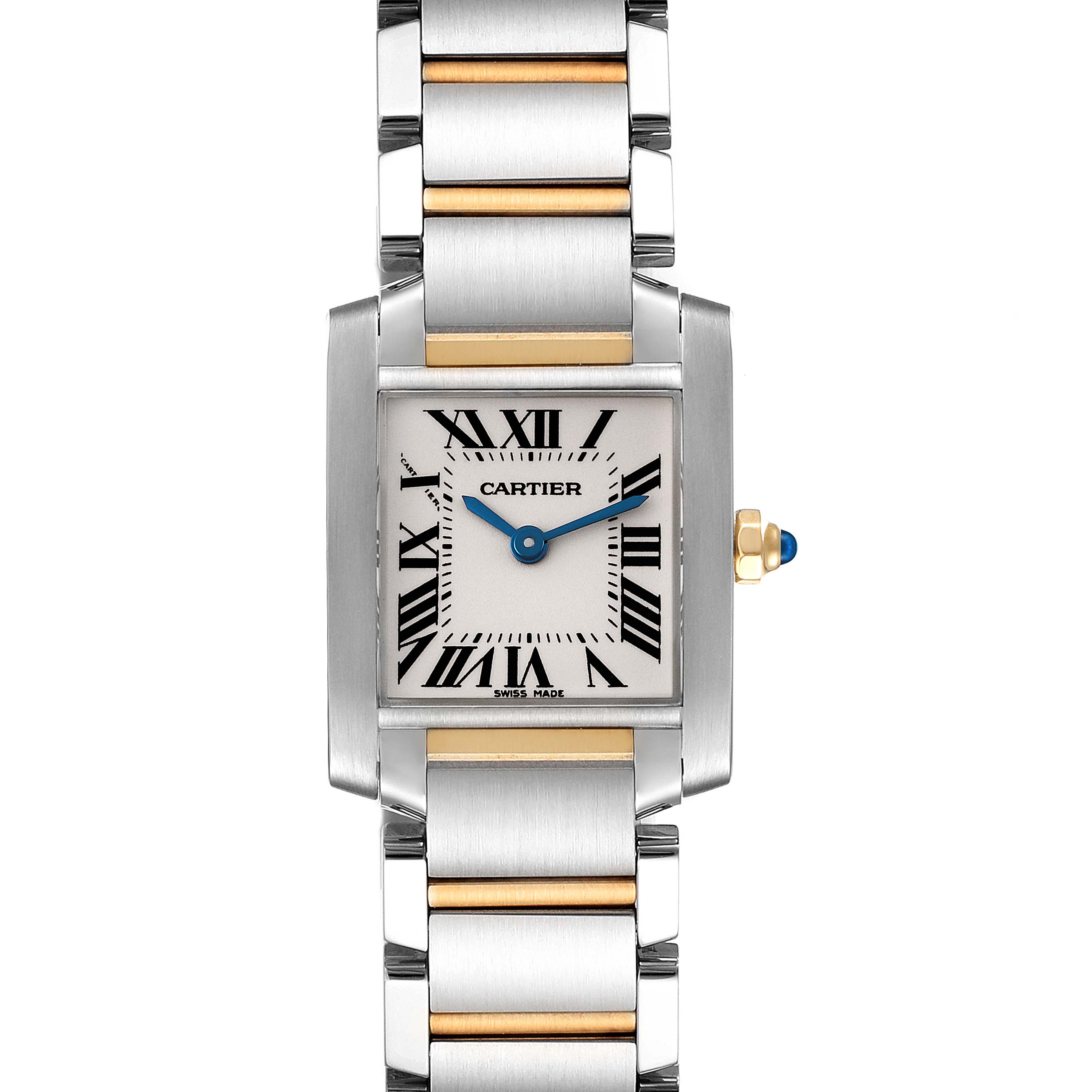 The image shows a front view of the Cartier Tank Française watch, highlighting the dial and part of the bracelet.