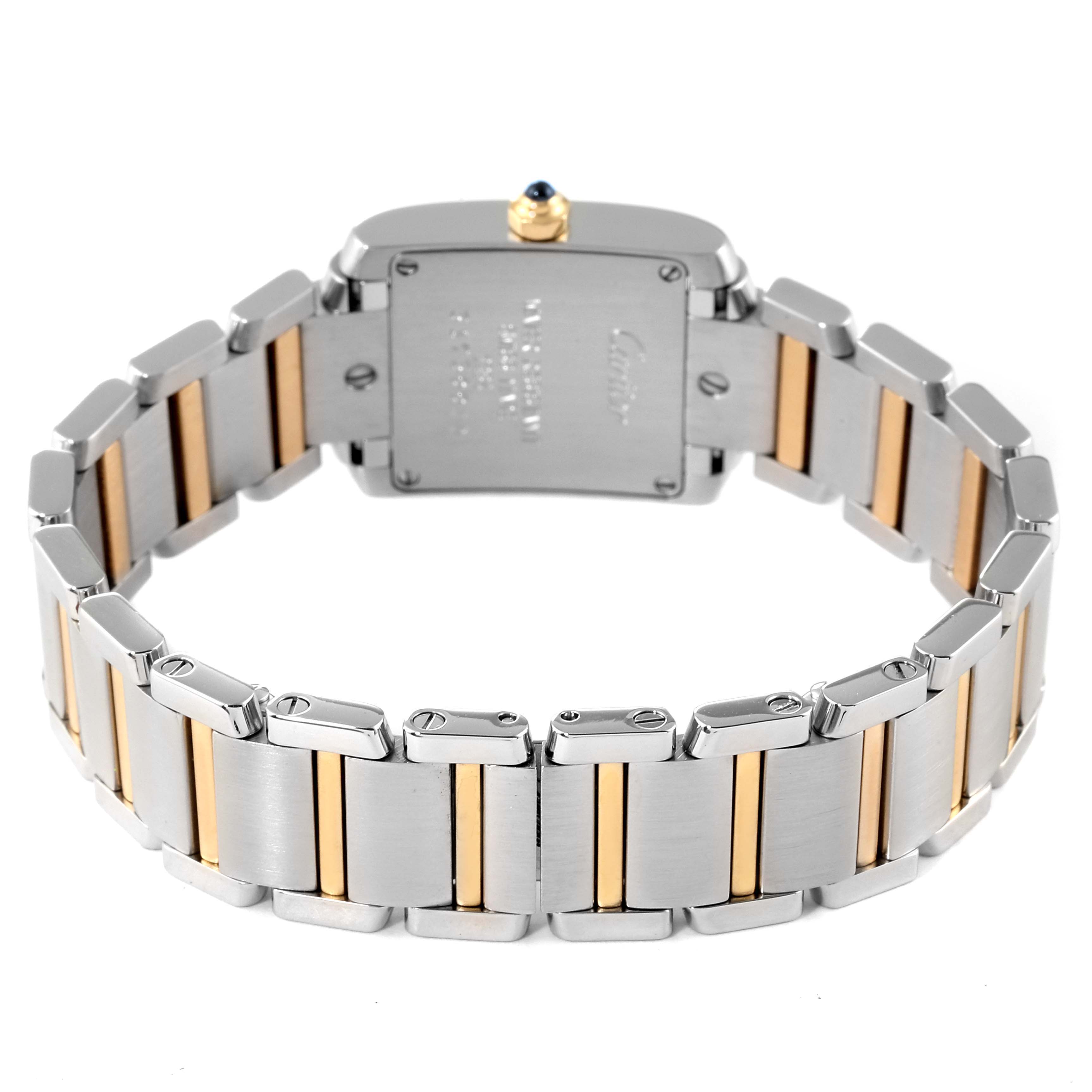 The image shows the back view of the Cartier Tank Francaise W51007Q4 Women's Steel and Gold (two tone) Silver Dial W51007Q4 Women's Steel and Gold (two tone) Silver Dial watch, highlighting its bracelet and case back.