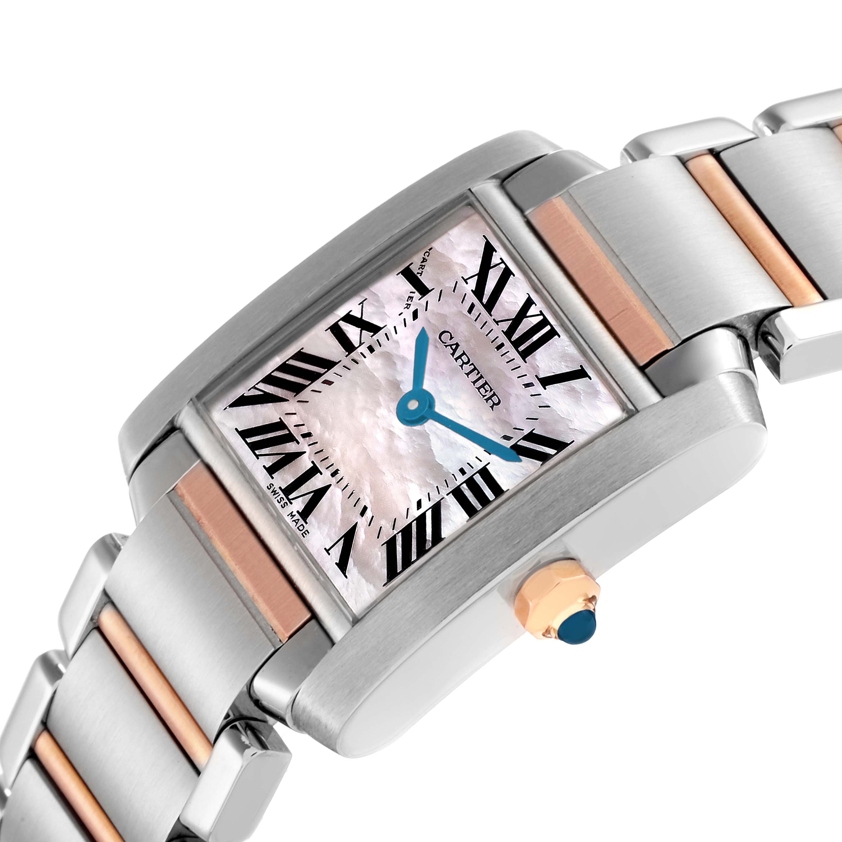 The Cartier Tank Francaise W51027Q4 Women
s Steel and Gold (two tone) Mother of Pearl Dial watch is shown at an oblique angle, highlighting the face, crown, and parts of the bracelet.
