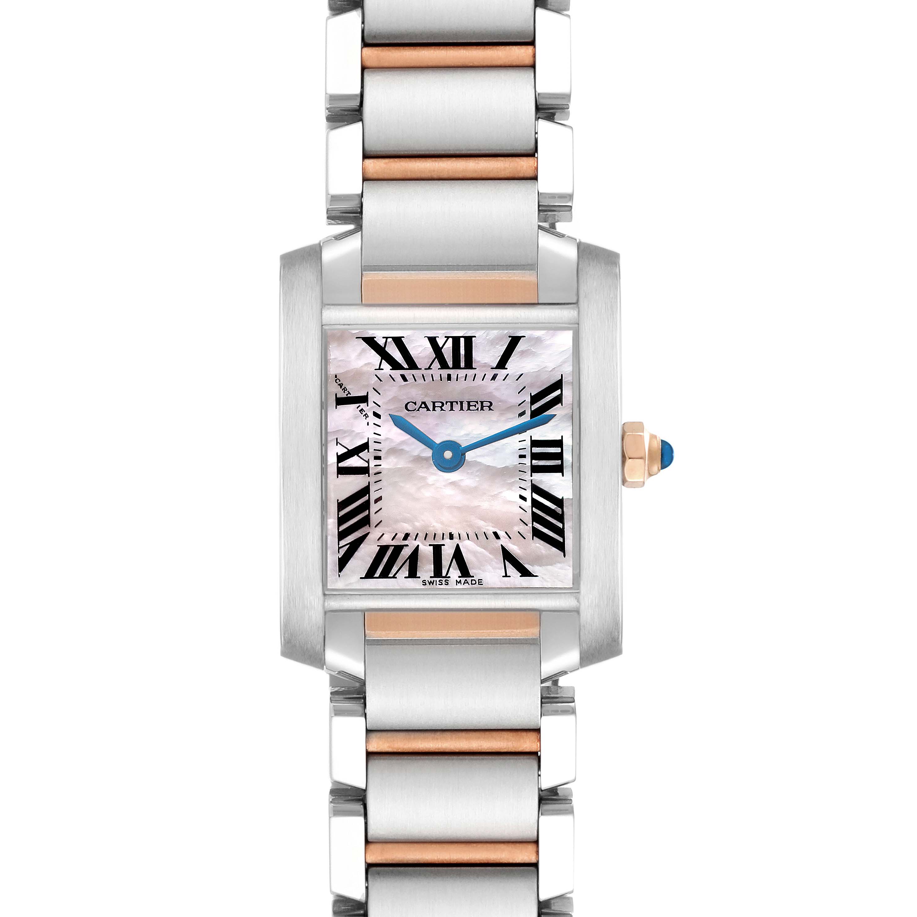 The Cartier Tank Francaise W51027Q4 Women
s Steel and Gold (two tone) Mother of Pearl Dial watch is shown from a front angle, highlighting its dial, case, and bracelet.