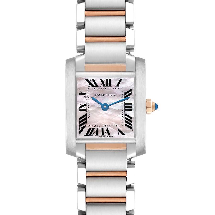 The Cartier Tank Française W51027Q4 men's watch is shown from the front, displaying its rectangular face, Roman numerals, and stainless steel bracelet.