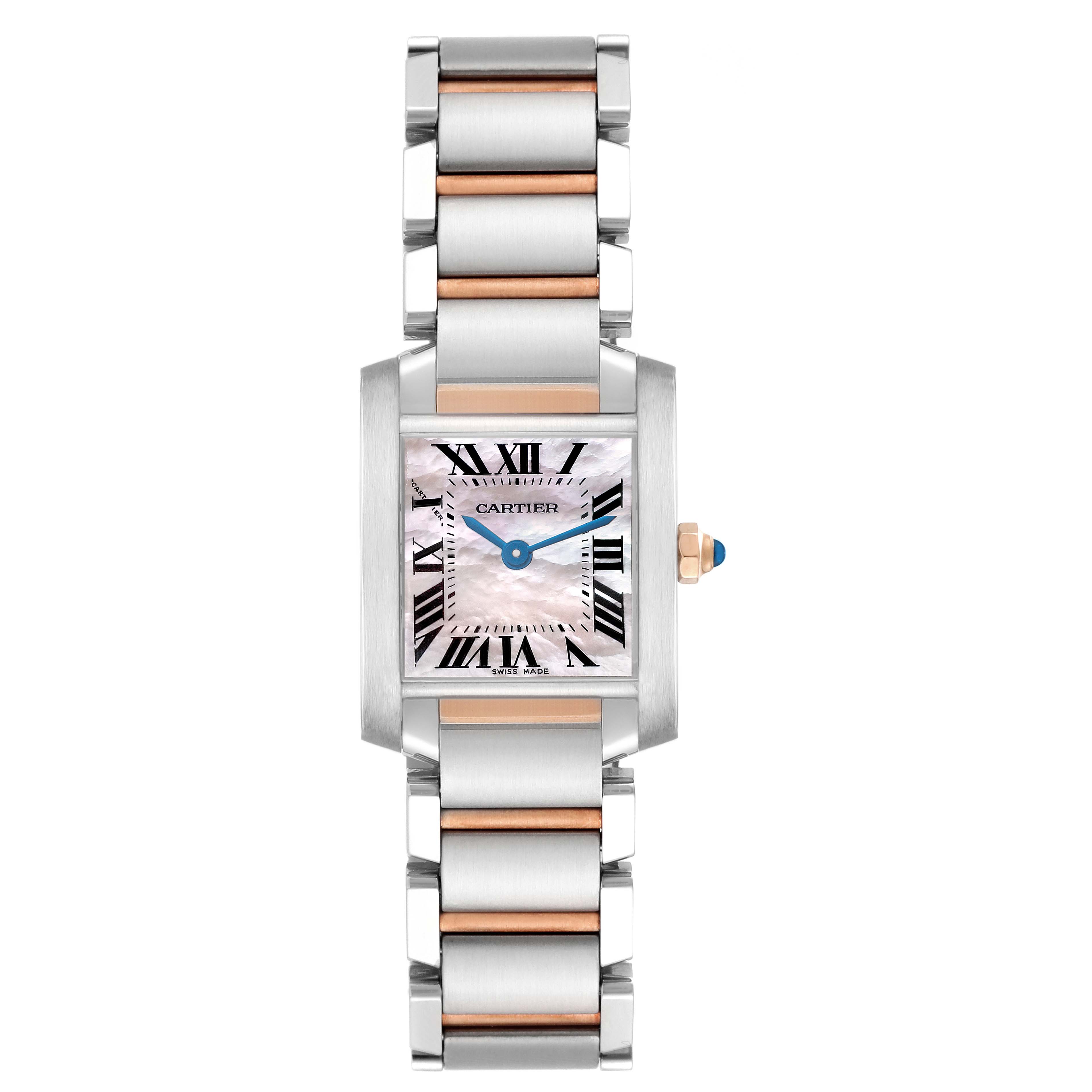 The Cartier Tank Française watch is shown from the front, highlighting its rectangular face, metal bracelet, and contrasting colors.