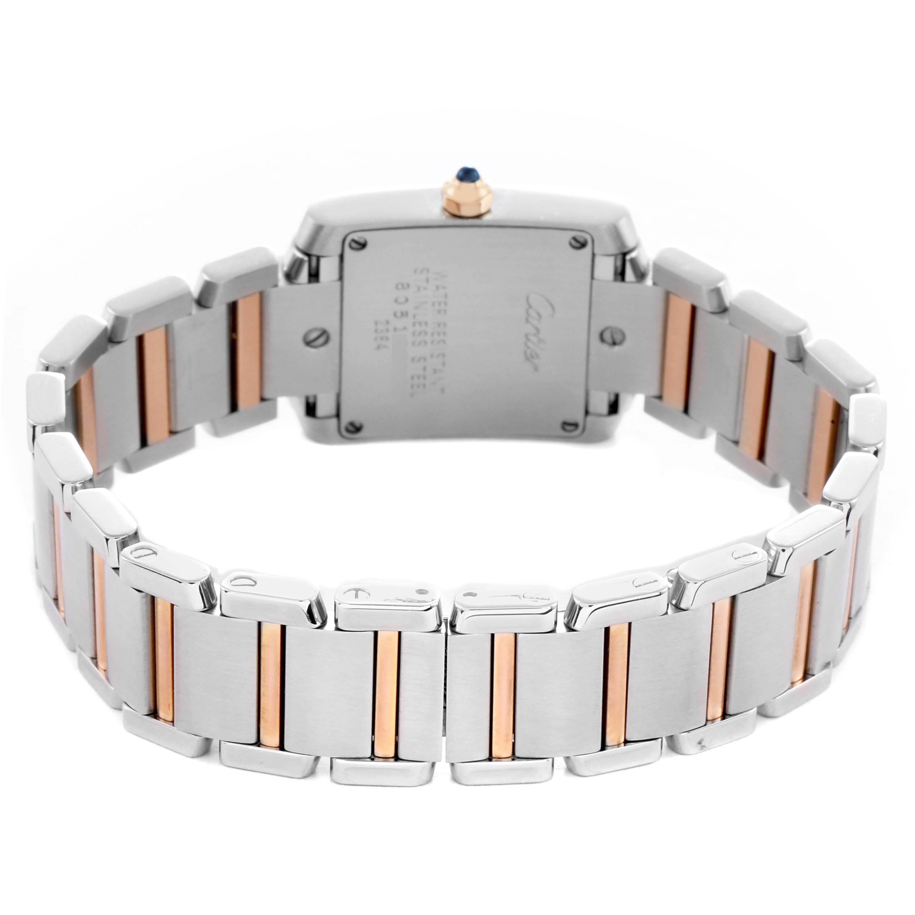 The Cartier Tank Francaise W51027Q4 Women
s Steel and Gold (two tone) Mother of Pearl Dial watch is shown from the back at a low angle, highlighting the two-tone metal bracelet and case back.