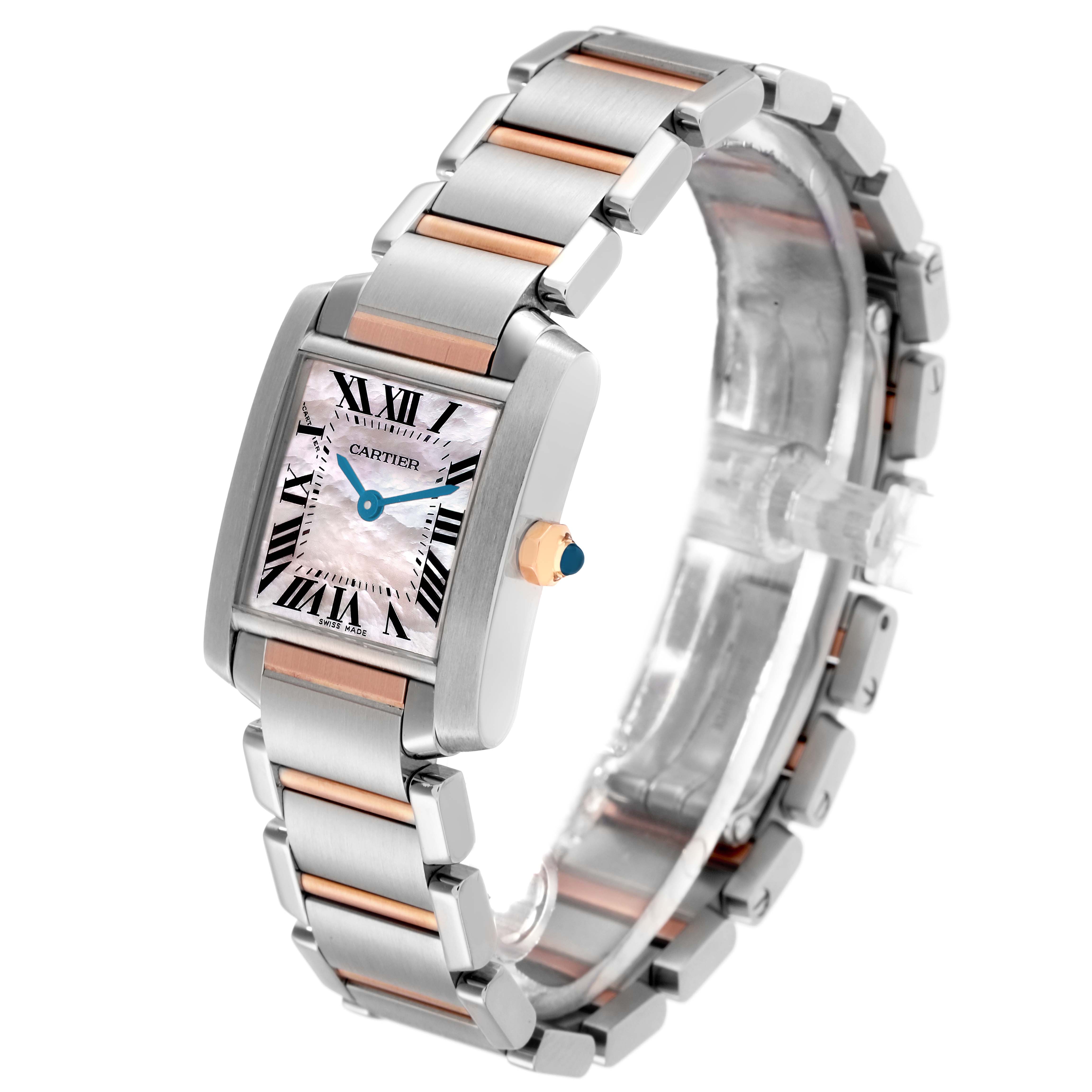 The Cartier Tank Francaise W51027Q4 Women
s Steel and Gold (two tone) Mother of Pearl Dial watch is shown at a three-quarter angle, displaying its face, bracelet, and crown.